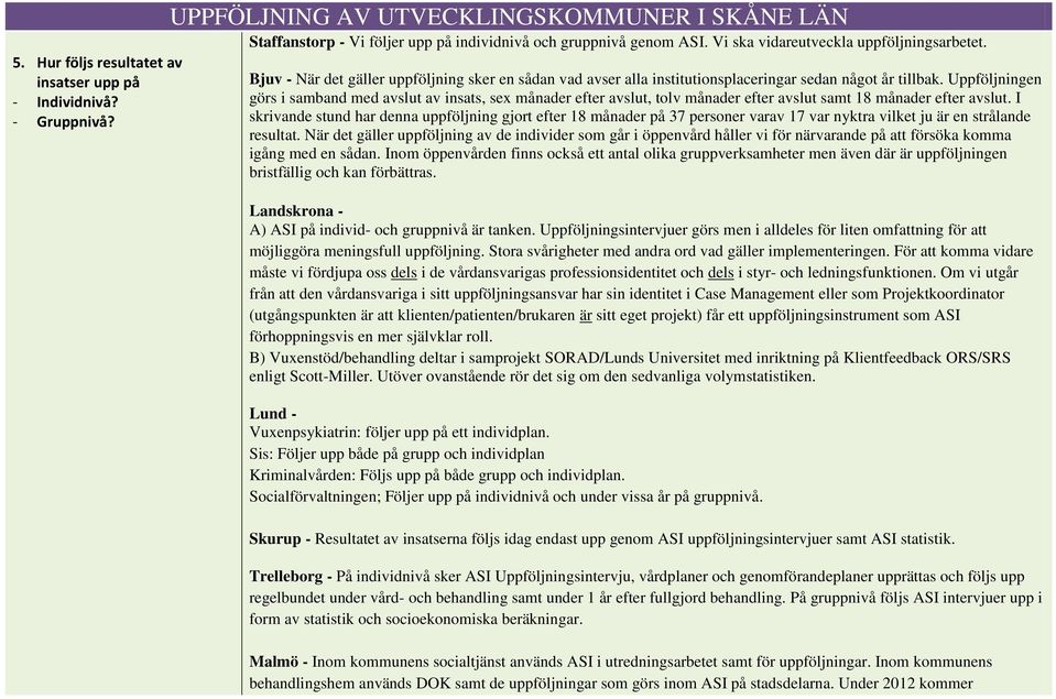 Uppföljningen görs i samband med avslut av insats, sex månader efter avslut, tolv månader efter avslut samt 18 månader efter avslut.