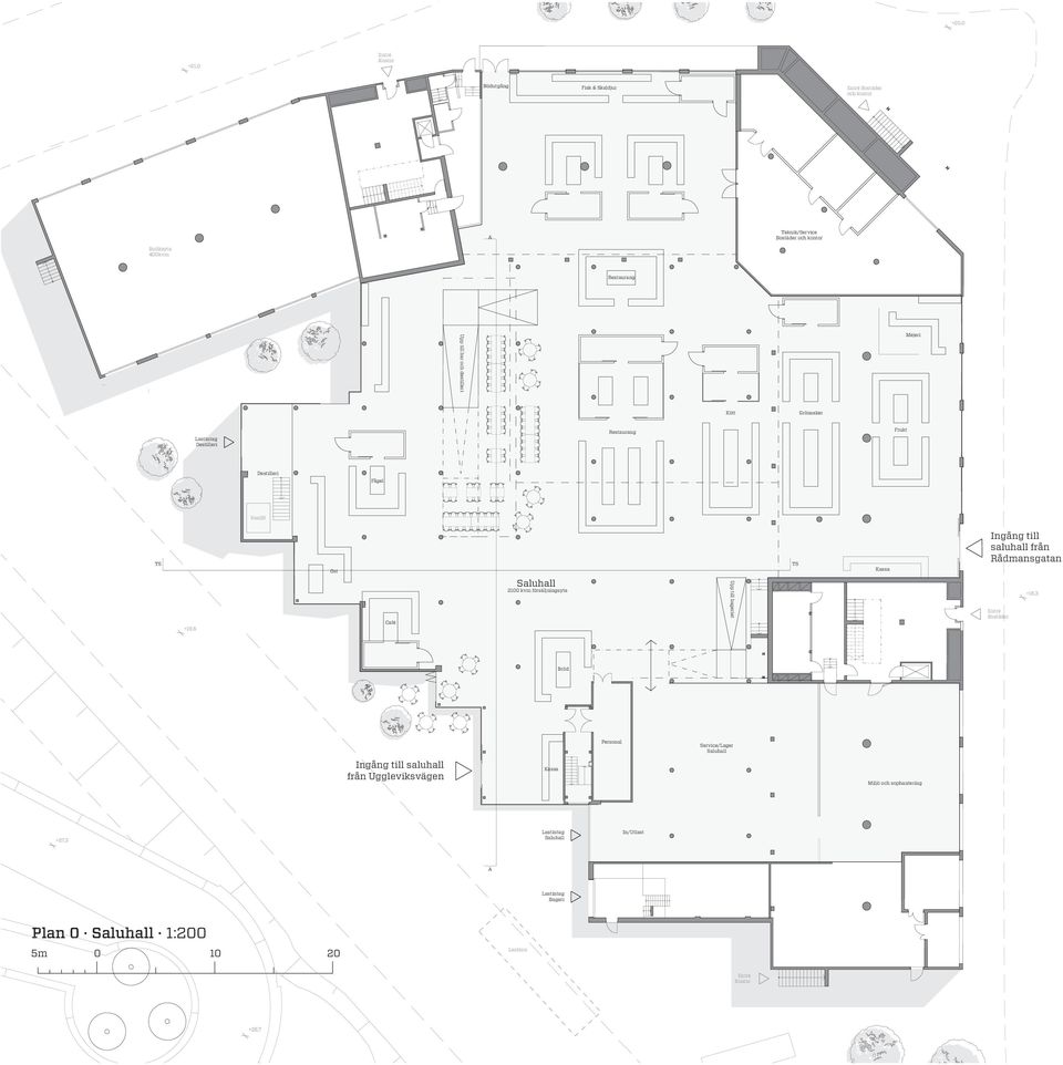 försäljningsyta Upp till bageriet TS Kassa Ingång till saluhall från Rådmansgatan Entré Bostäder +18,3 Bröd Personal Service/Lager Saluhall Ingång till