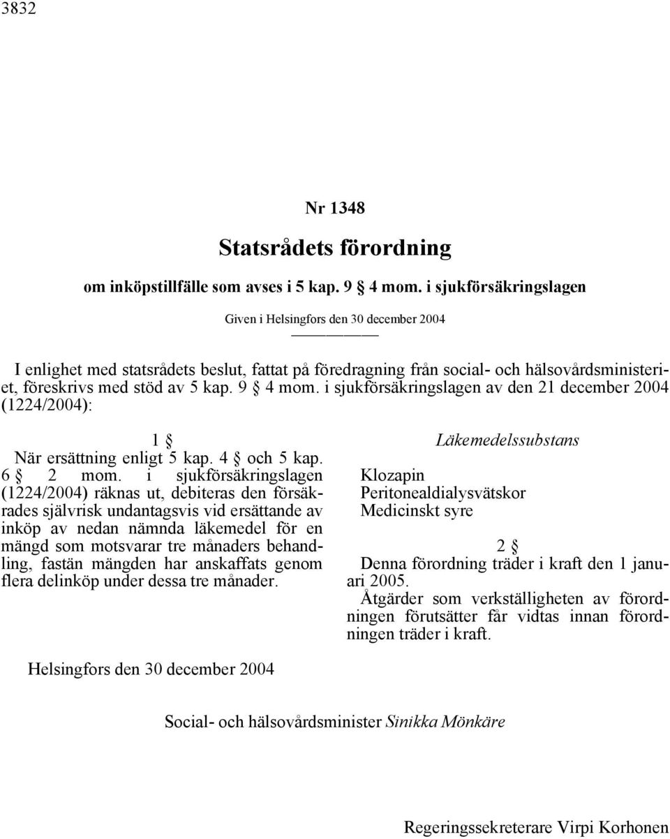 i sjukförsäkringslagen av den 21 december 2004 (1224/2004): 1 När ersättning enligt 5 kap. 4 och 5 kap. 6 2 mom.