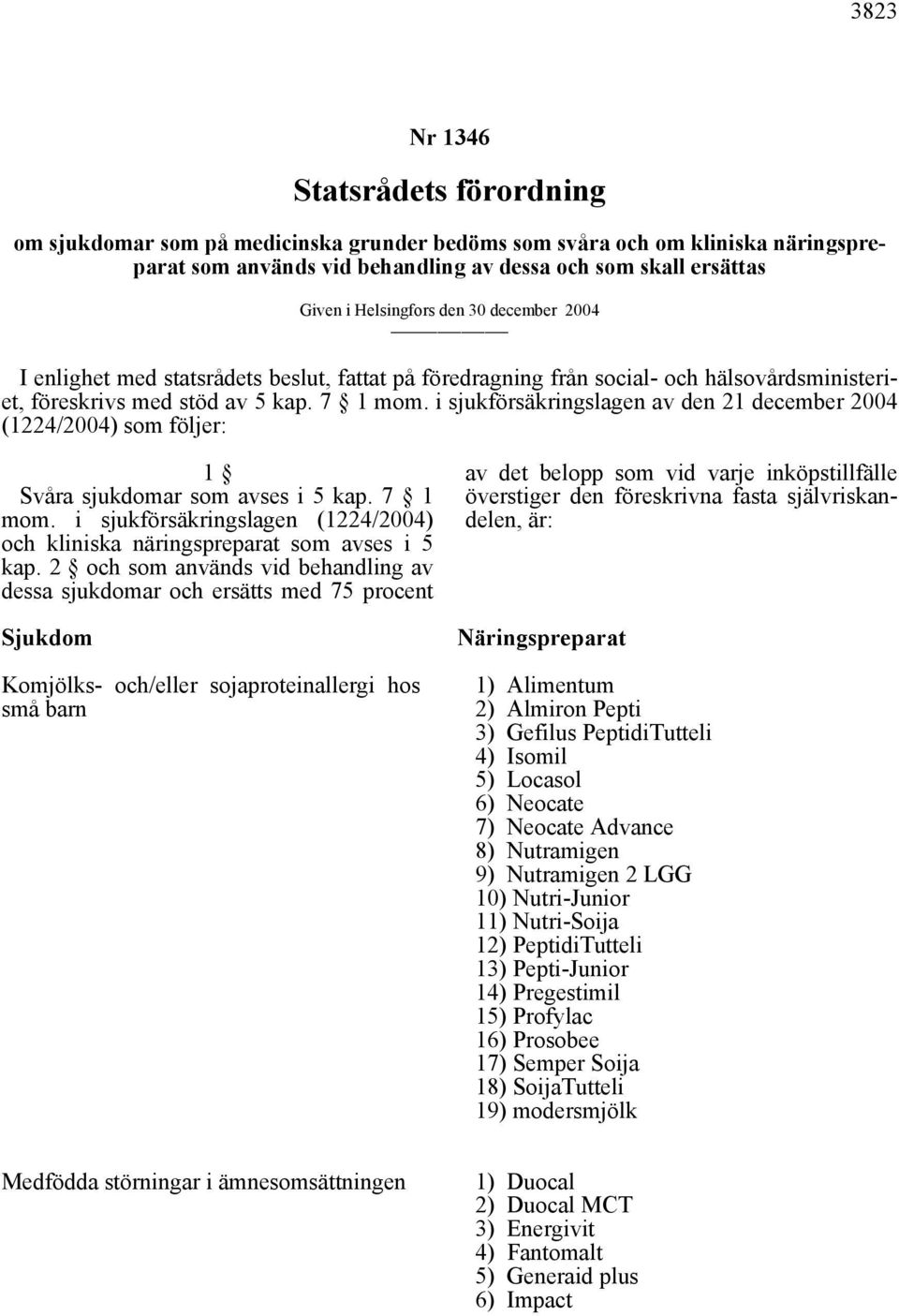 i sjukförsäkringslagen av den 21 december 2004 (1224/2004) som följer: 1 Svåra sjukdomar som avses i 5 kap. 7 1 mom. i sjukförsäkringslagen (1224/2004) och kliniska näringspreparat som avses i 5 kap.