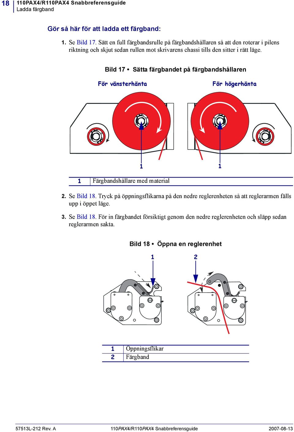 Bild 17 Sätta färgbandet på färgbandshållaren För vänsterhänta För högerhänta 1 Färgbandshållare med material 1 1 2. Se Bild 18.