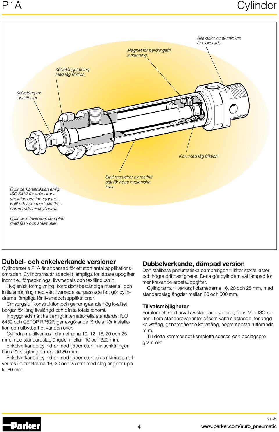 n levereras komplett med fäst- och ställmutter. Dubbel- och enkelverkande versioner serie P1A är anpassad för ett stort antal applikationsområden.