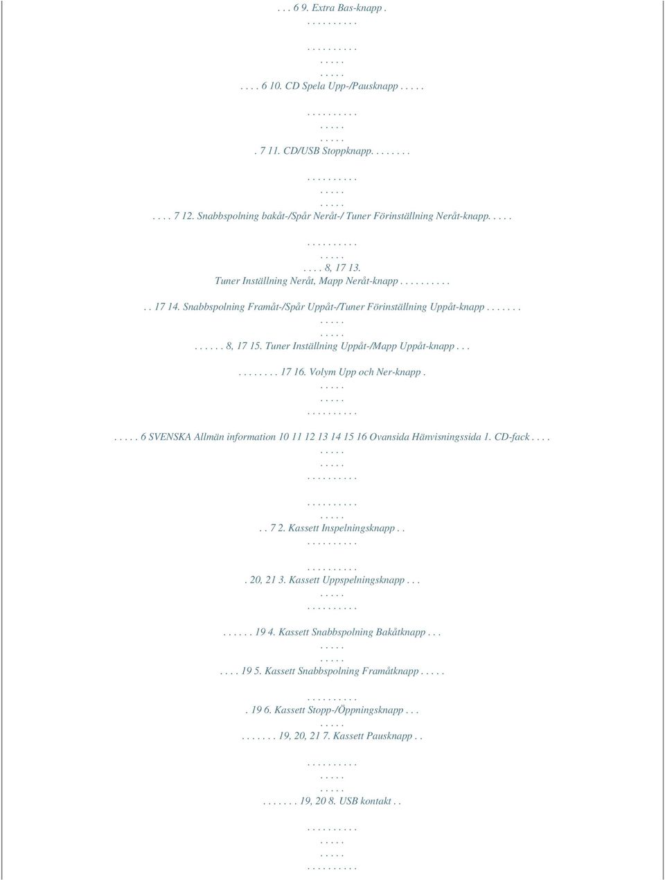 Volym Upp och Ner-knapp. 6 SVENSKA Allmän information 10 11 12 13 14 15 16 Ovansida Hänvisningssida 1. CD-fack...... 7 2. Kassett Inspelningsknapp... 20, 21 3. Kassett Uppspelningsknapp.