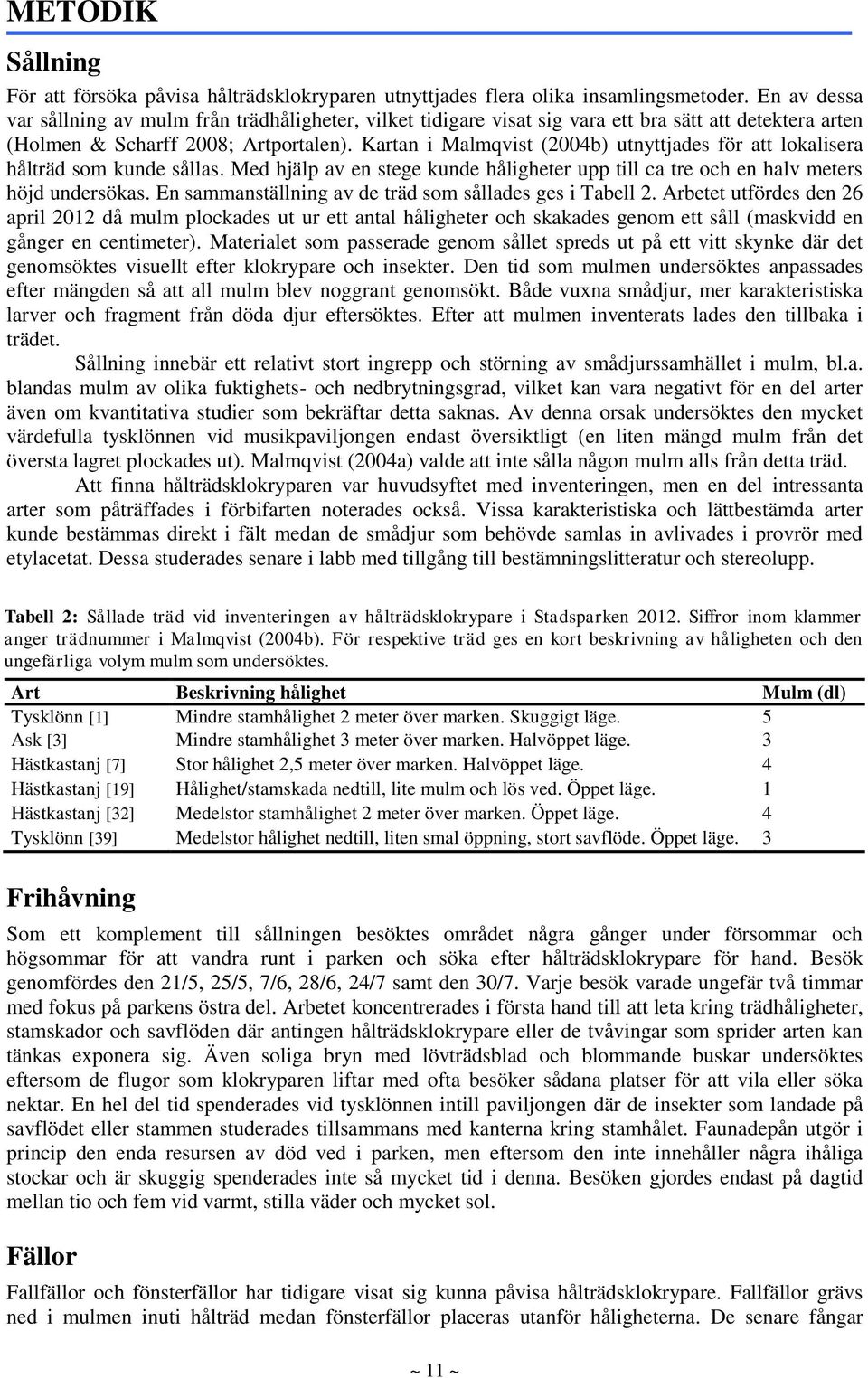 Kartan i Malmqvist (2004b) utnyttjades för att lokalisera hålträd som kunde sållas. Med hjälp av en stege kunde håligheter upp till ca tre och en halv meters höjd undersökas.