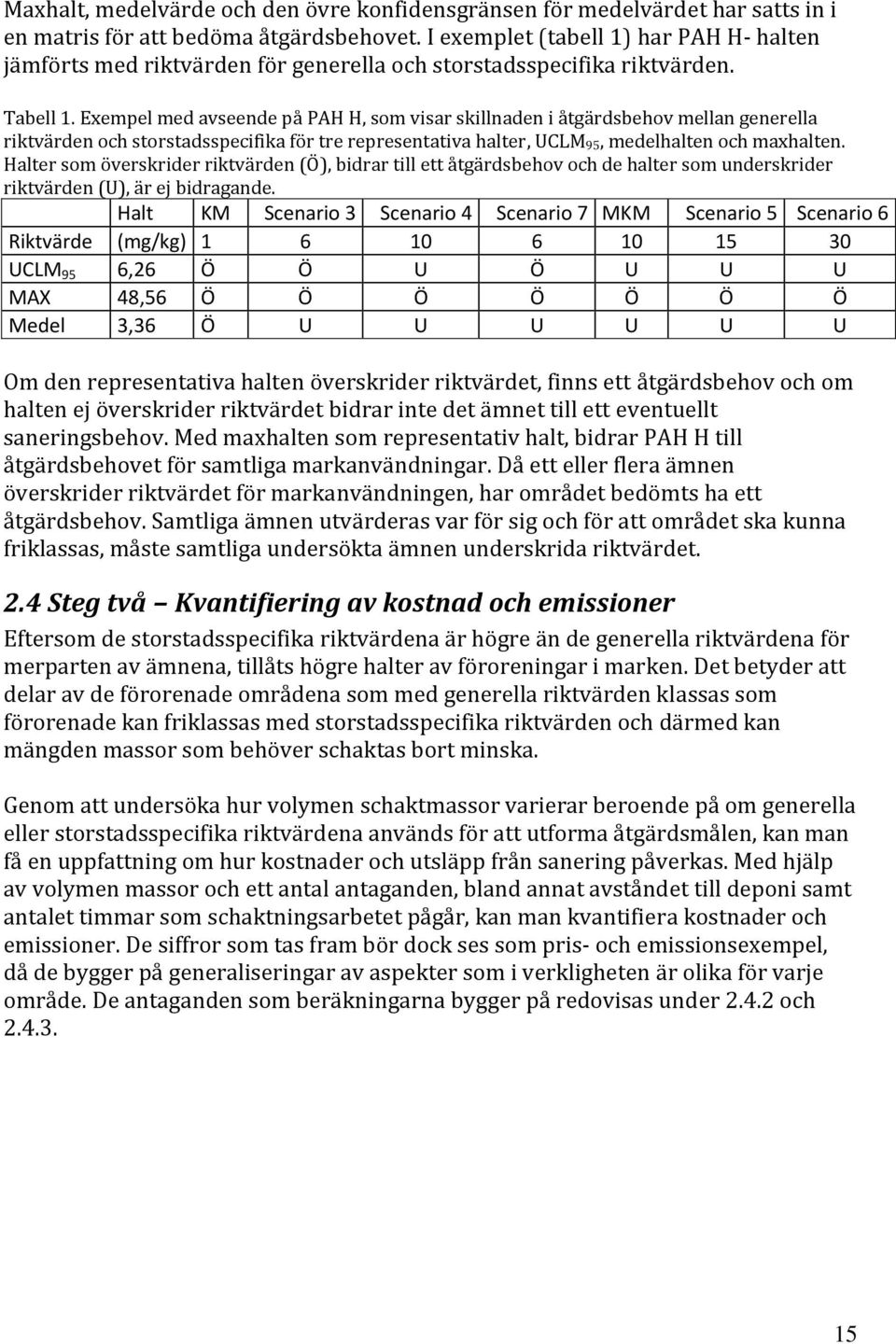 Exempel med avseende på PAH H, som visar skillnaden i åtgärdsbehov mellan generella riktvärden och storstadsspecifika för tre representativa halter, UCLM 95, medelhalten och maxhalten.