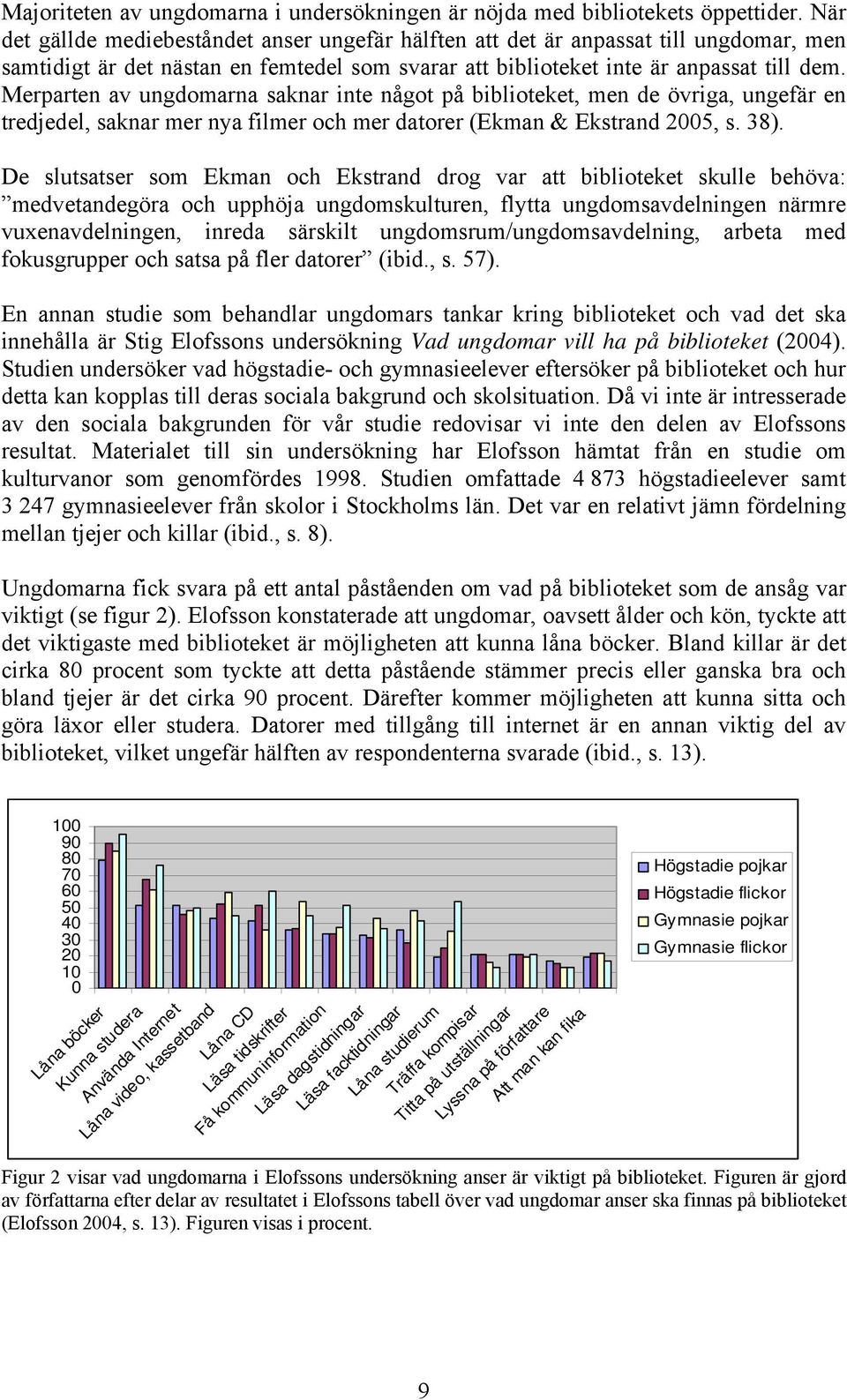 Merparten av ungdomarna saknar inte något på biblioteket, men de övriga, ungefär en tredjedel, saknar mer nya filmer och mer datorer (Ekman & Ekstrand 2005, s. 38).