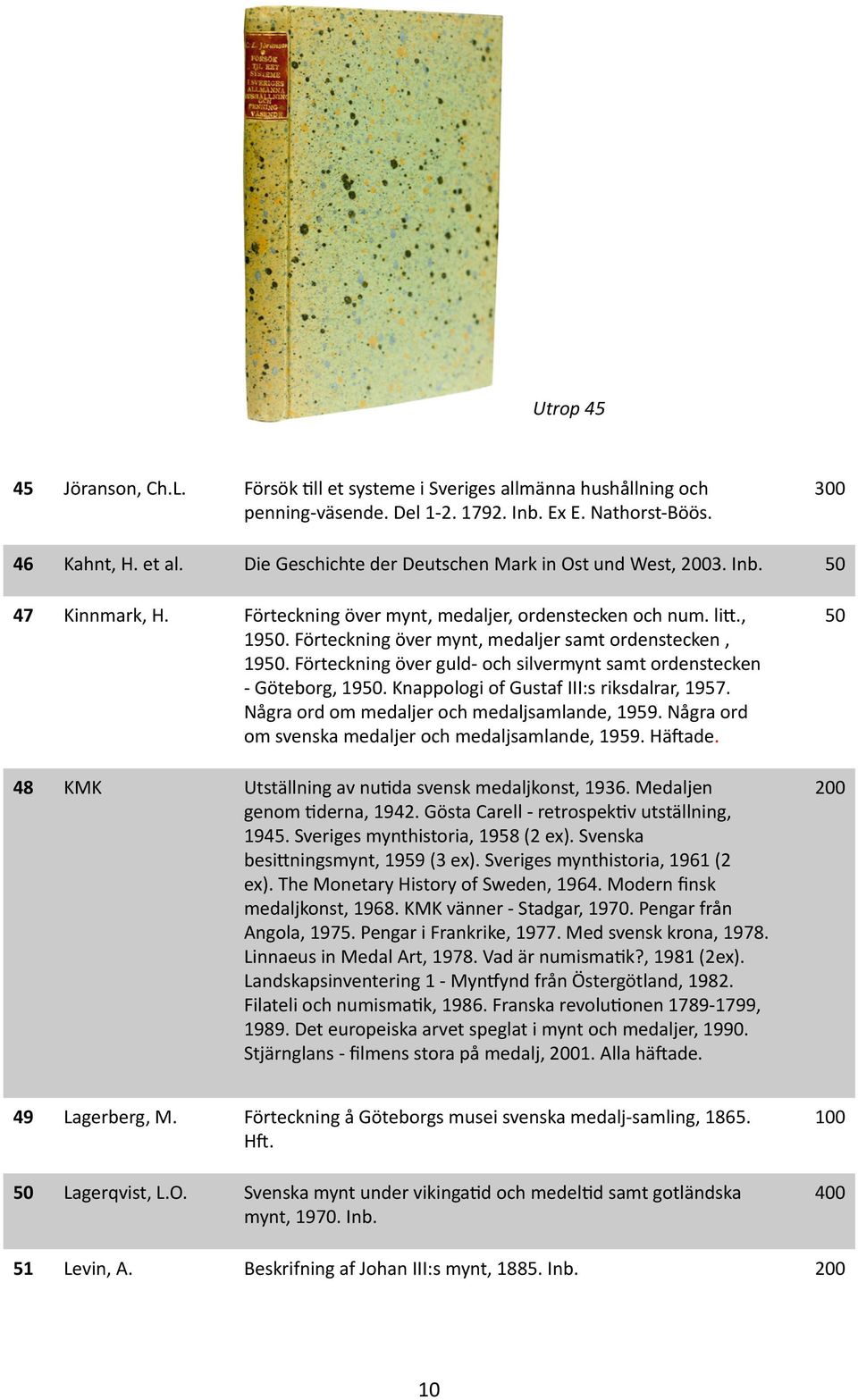 Förteckning över guld- och silvermynt samt ordenstecken - Göteborg, 19. Knappologi of Gustaf III:s riksdalrar, 1957. Några ord om medaljer och medaljsamlande, 1959.