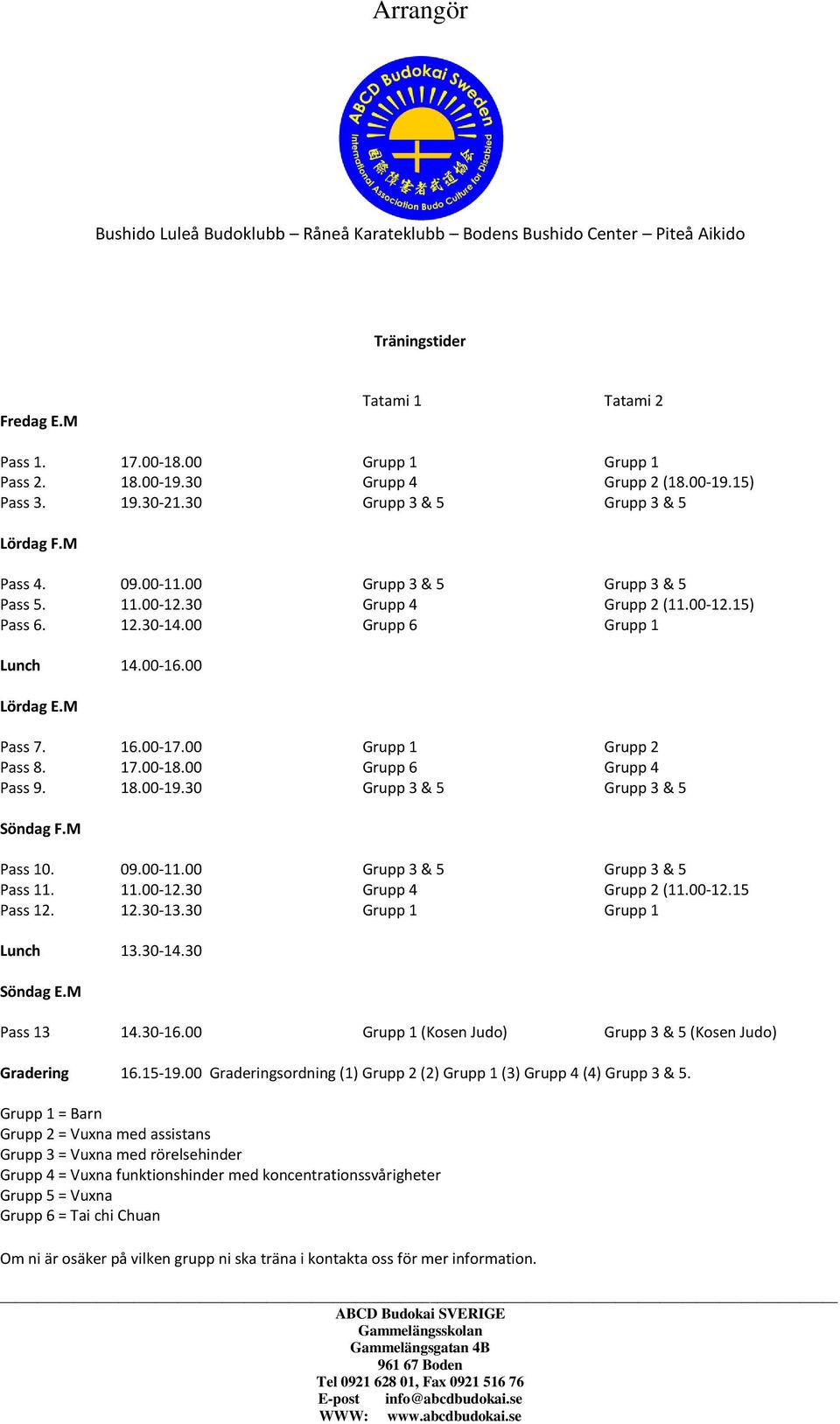 00-18.00 Grupp 6 Grupp 4 Pass 9. 18.00-19.30 Grupp 3 & 5 Grupp 3 & 5 Söndag F.M Pass 10. 09.00-11.00 Grupp 3 & 5 Grupp 3 & 5 Pass 11. 11.00-12.30 Grupp 4 Grupp 2 (11.00-12.15 Pass 12. 12.30-13.