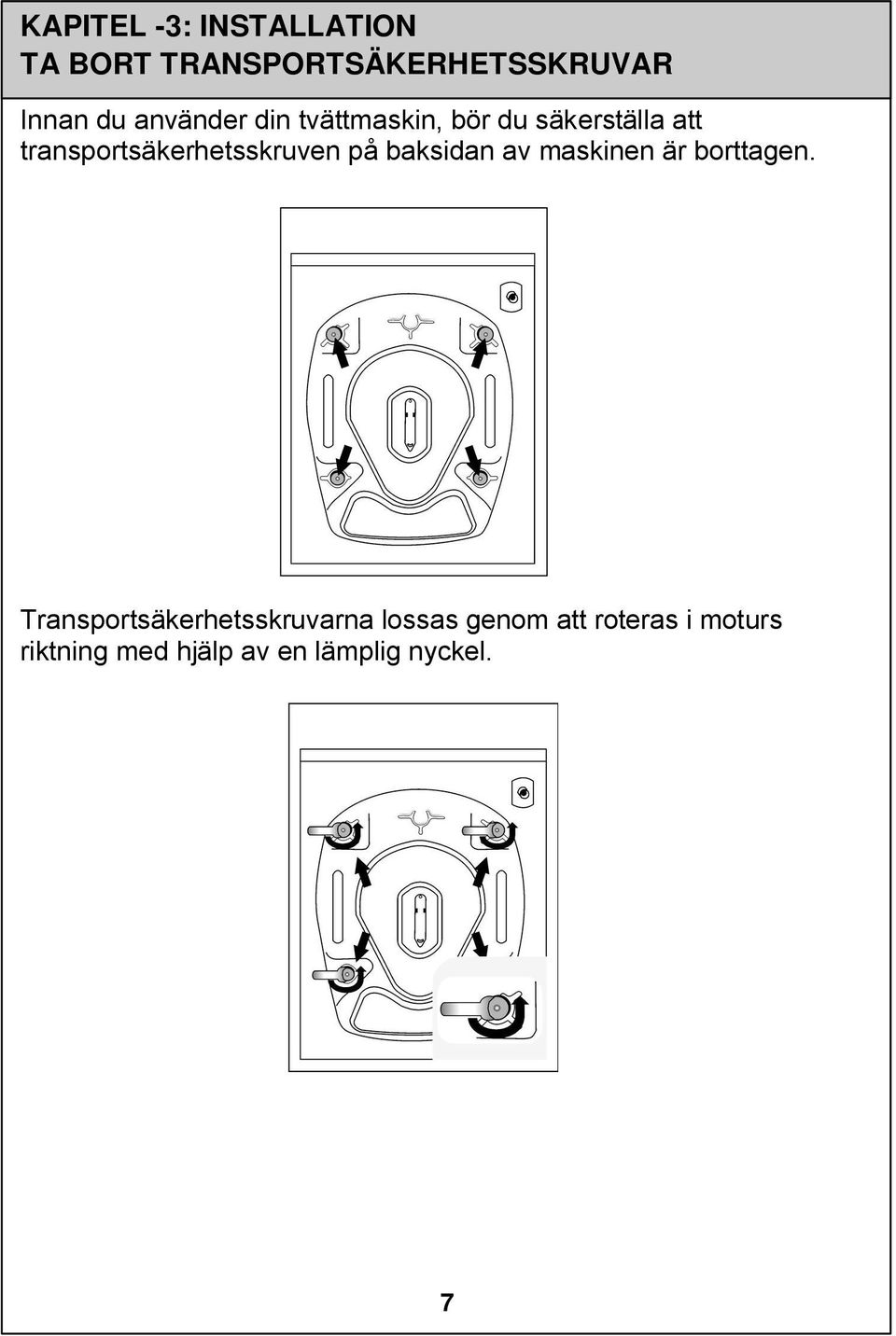 transportsäkerhetsskruven på baksidan av maskinen är borttagen.