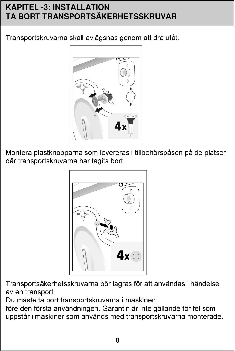 Transportsäkerhetsskruvarna bör lagras för att användas i händelse av en transport.