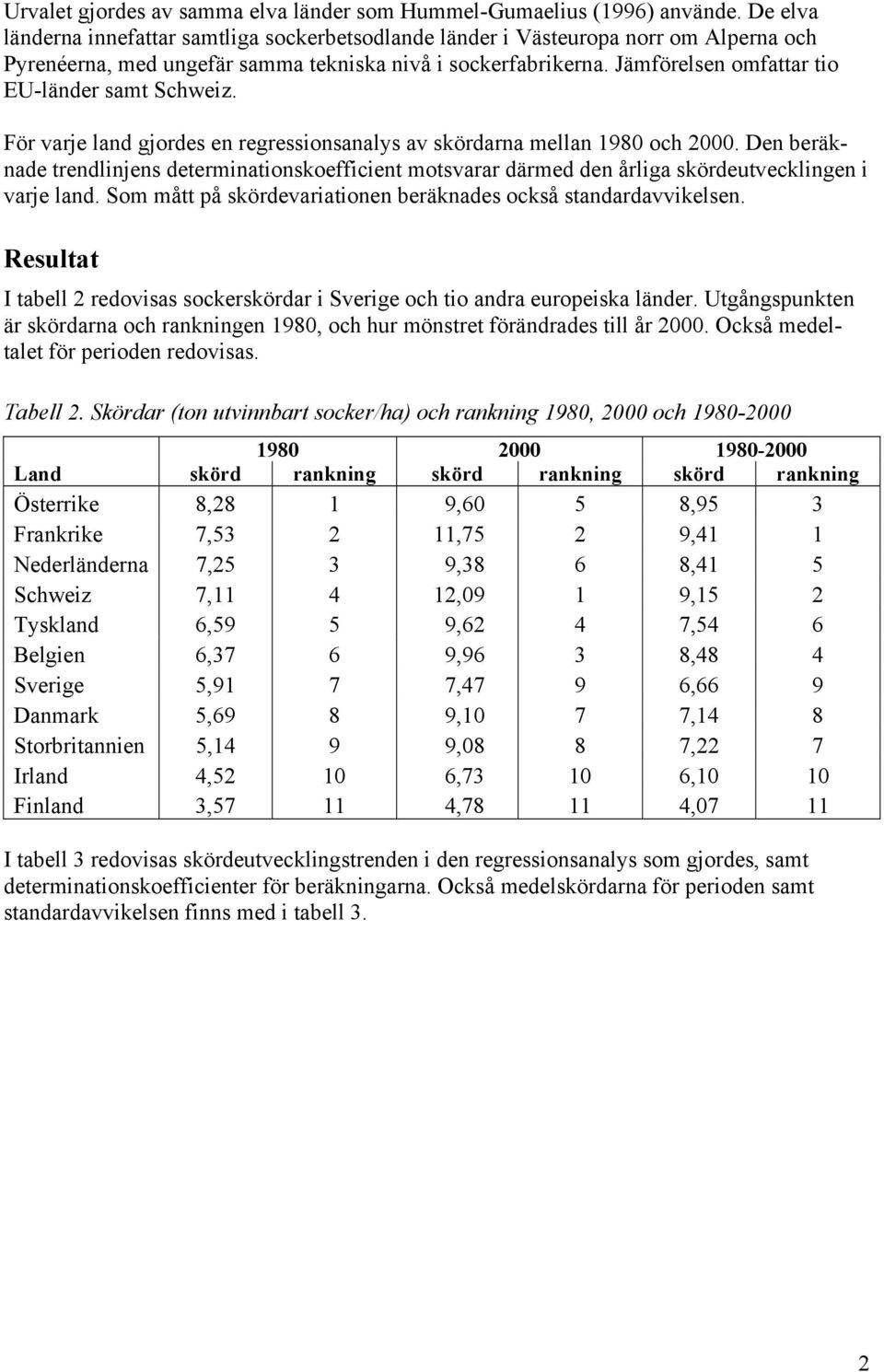 Jämförelsen omfattar tio EU-länder samt Schweiz. För varje land gjordes en regressionsanalys av skördarna mellan 1980 och 2000.