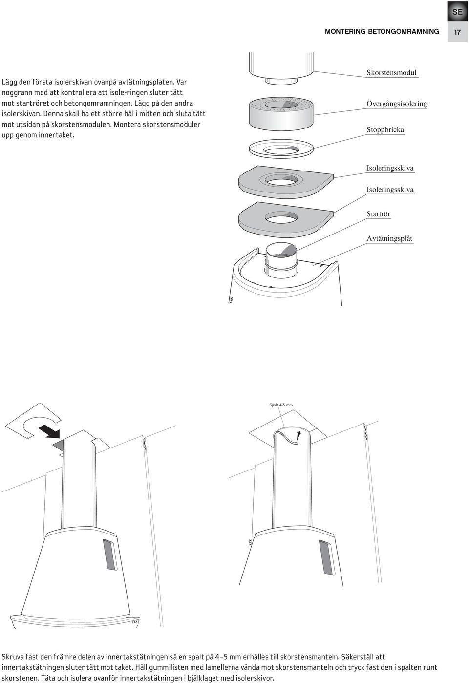 Skorstensmodul Övergångsisolering Stoppbricka Isoleringsskiva Isoleringsskiva Startrör Avtätningsplåt Spalt 4-5 mm Skruva fast den främre delen av innertakstätningen så en spalt på 4 5 mm erhålles