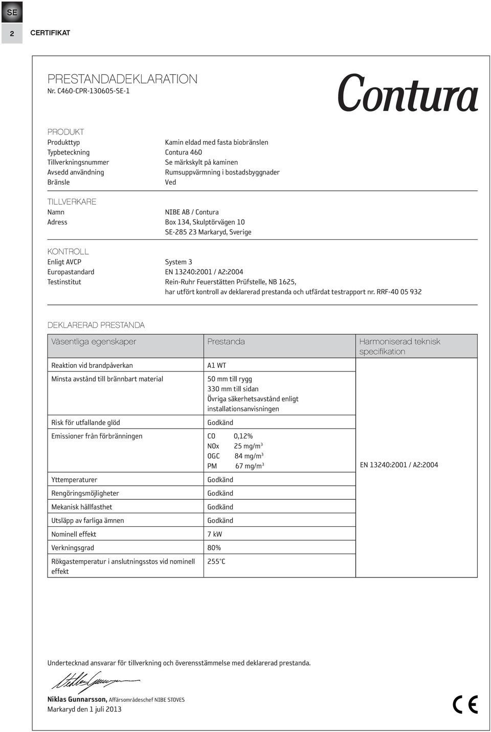 Bränsle Ved TILLVERKARE Namn NIBE AB / Contura Adress Box 134, Skulptörvägen 10 SE-285 23 Markaryd, Sverige KONTROLL Enligt AVCP System 3 Europastandard EN 13240:2001 / A2:2004 Testinstitut Rein-Ruhr