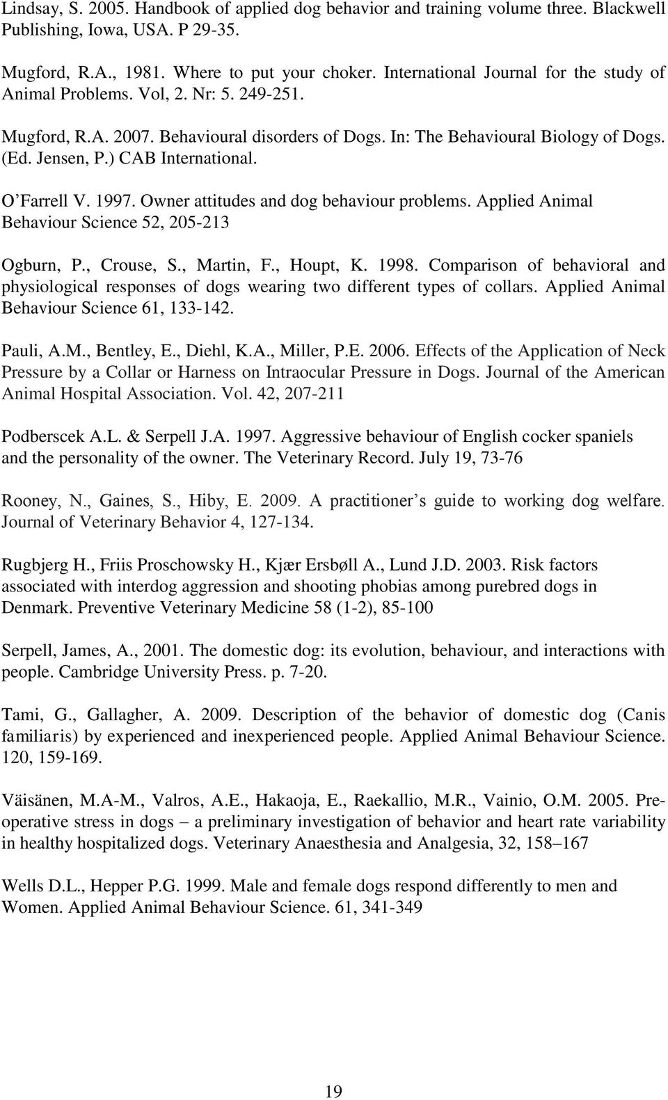 ) CAB International. O Farrell V. 1997. Owner attitudes and dog behaviour problems. Applied Animal Behaviour Science 52, 205-213 Ogburn, P., Crouse, S., Martin, F., Houpt, K. 1998.