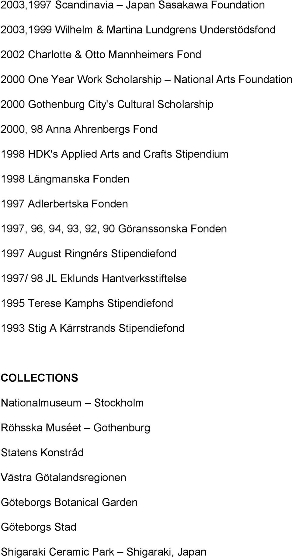 96, 94, 93, 92, 90 Göranssonska Fonden 1997 August Ringnérs Stipendiefond 1997/ 98 JL Eklunds Hantverksstiftelse 1995 Terese Kamphs Stipendiefond 1993 Stig A Kärrstrands Stipendiefond