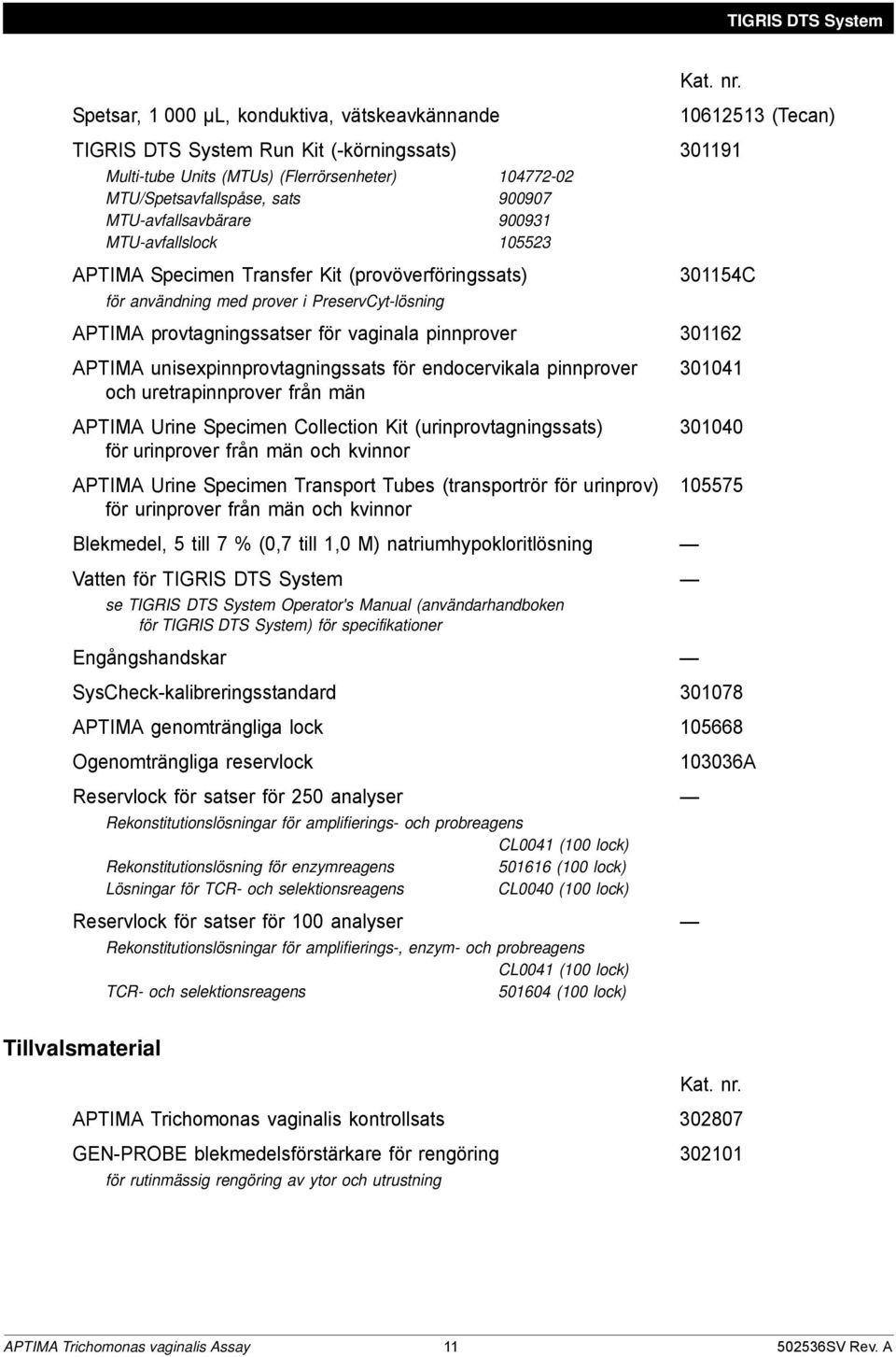 provtagningssatser för vaginala pinnprover 301162 APTIMA unisexpinnprovtagningssats för endocervikala pinnprover 301041 och uretrapinnprover från män APTIMA Urine Specimen Collection Kit