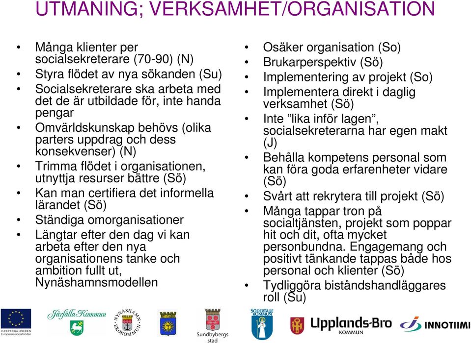 omorganisationer Längtar efter den dag vi kan arbeta efter den nya organisationens tanke och ambition fullt ut, Nynäshamnsmodellen Osäker organisation (So) Brukarperspektiv (Sö) Implementering av