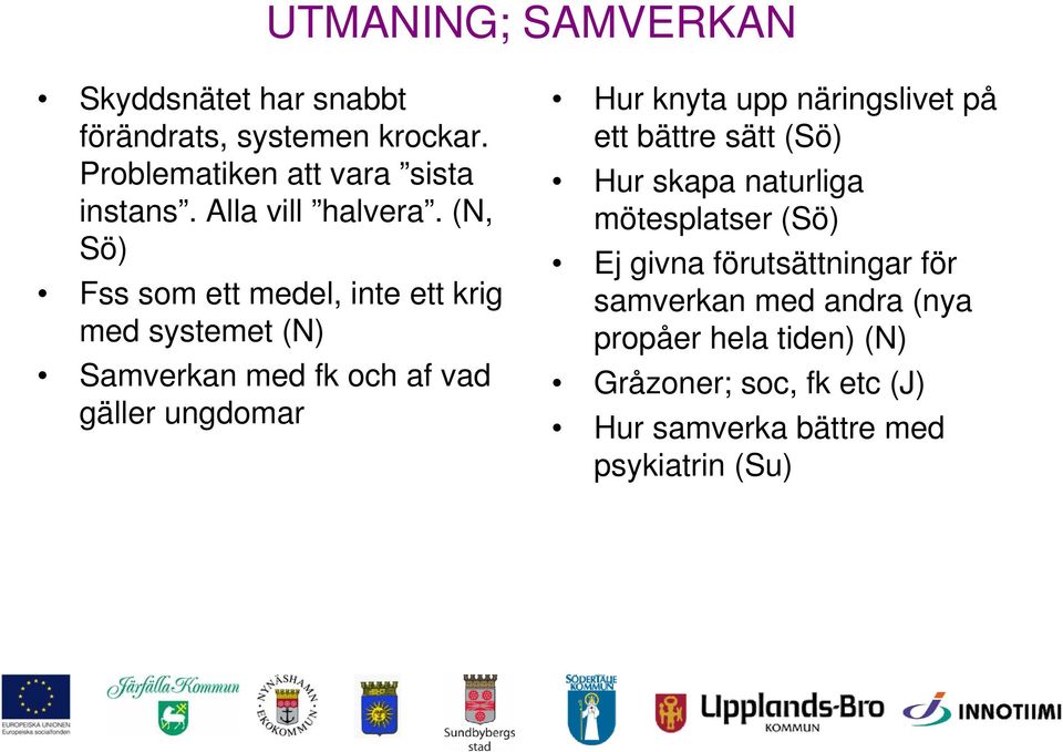 (N, Sö) Fss som ett medel, inte ett krig med systemet (N) Samverkan med fk och af vad gäller ungdomar Hur knyta upp