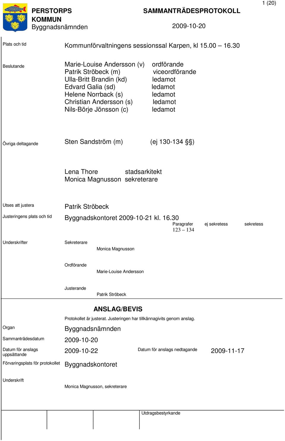ledamot Nils-Börje Jönsson (c) ledamot Övriga deltagande Sten Sandström (m) (ej 130-134 ) Lena Thore stadsarkitekt Monica Magnusson sekreterare Utses att justera Patrik Ströbeck Justeringens plats