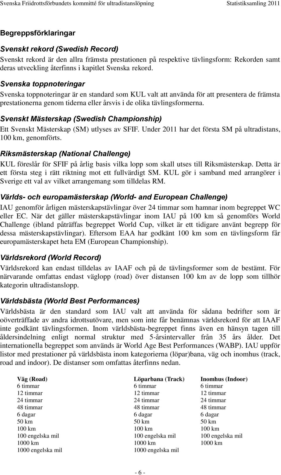 Svenskt Mästerskap (Swedish Championship) Ett Svenskt Mästerskap (SM) utlyses av SFIF. Under 2011 har det första SM på ultradistans, 100 km, genomförts.