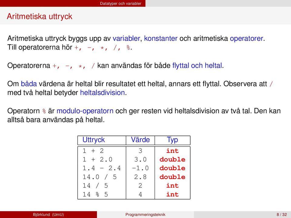 Om båda värdena är heltal blir resultatet ett heltal, annars ett flyttal. Observera att / med två heltal betyder heltalsdivision.