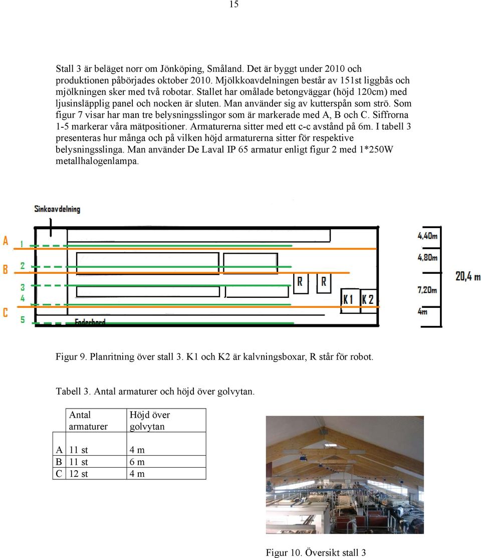 Som figur 7 visar har man tre belysningsslingor som är markerade med A, B och C. Siffrorna 1-5 markerar våra mätpositioner. Armaturerna sitter med ett c-c avstånd på 6m.