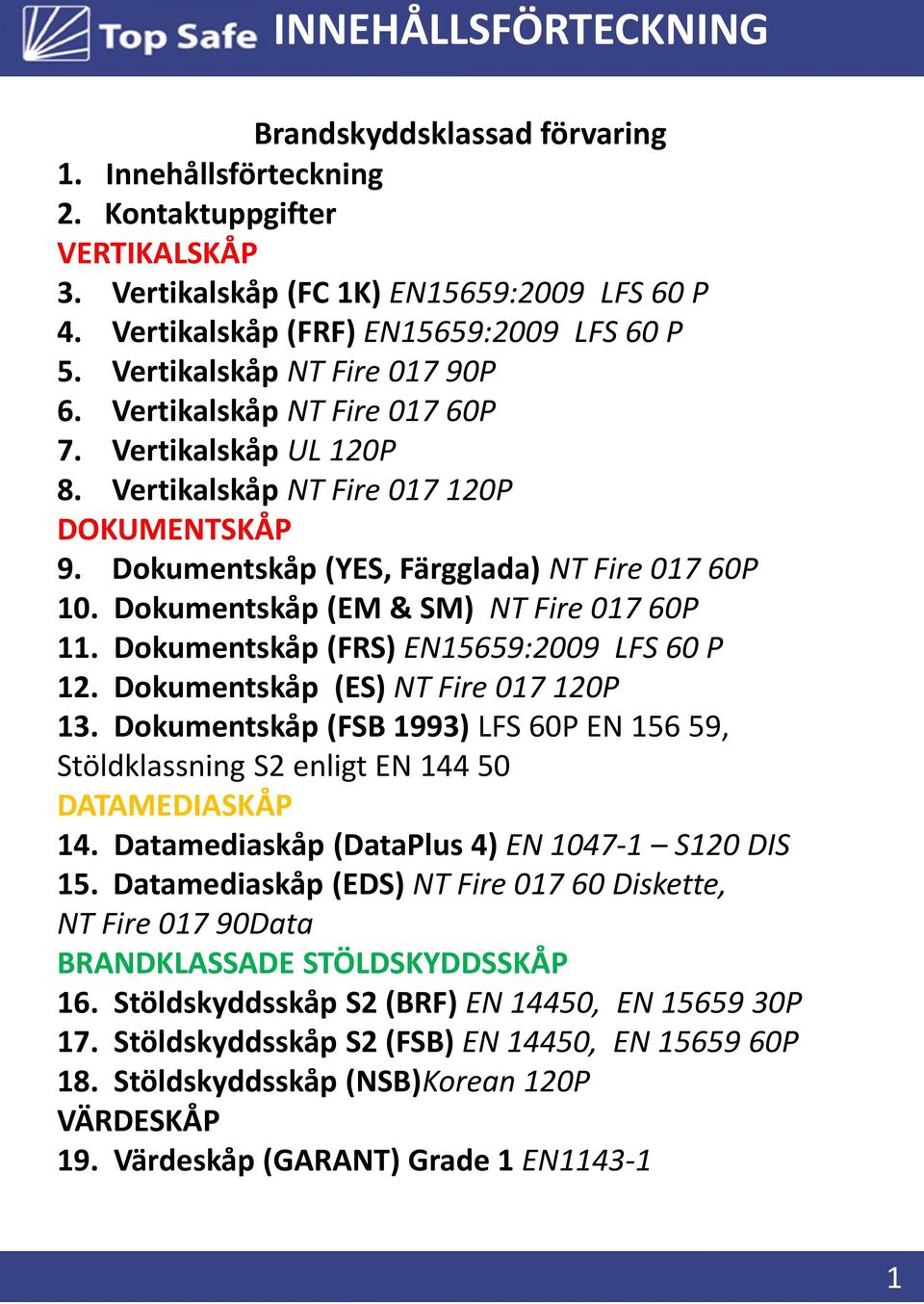 Dokumentskåp (EM & SM) NT Fire 017 60P 11. Dokumentskåp (FRS) EN15659:2009 LFS 60 P 12. Dokumentskåp (ES) NT Fire 017 120P 13.