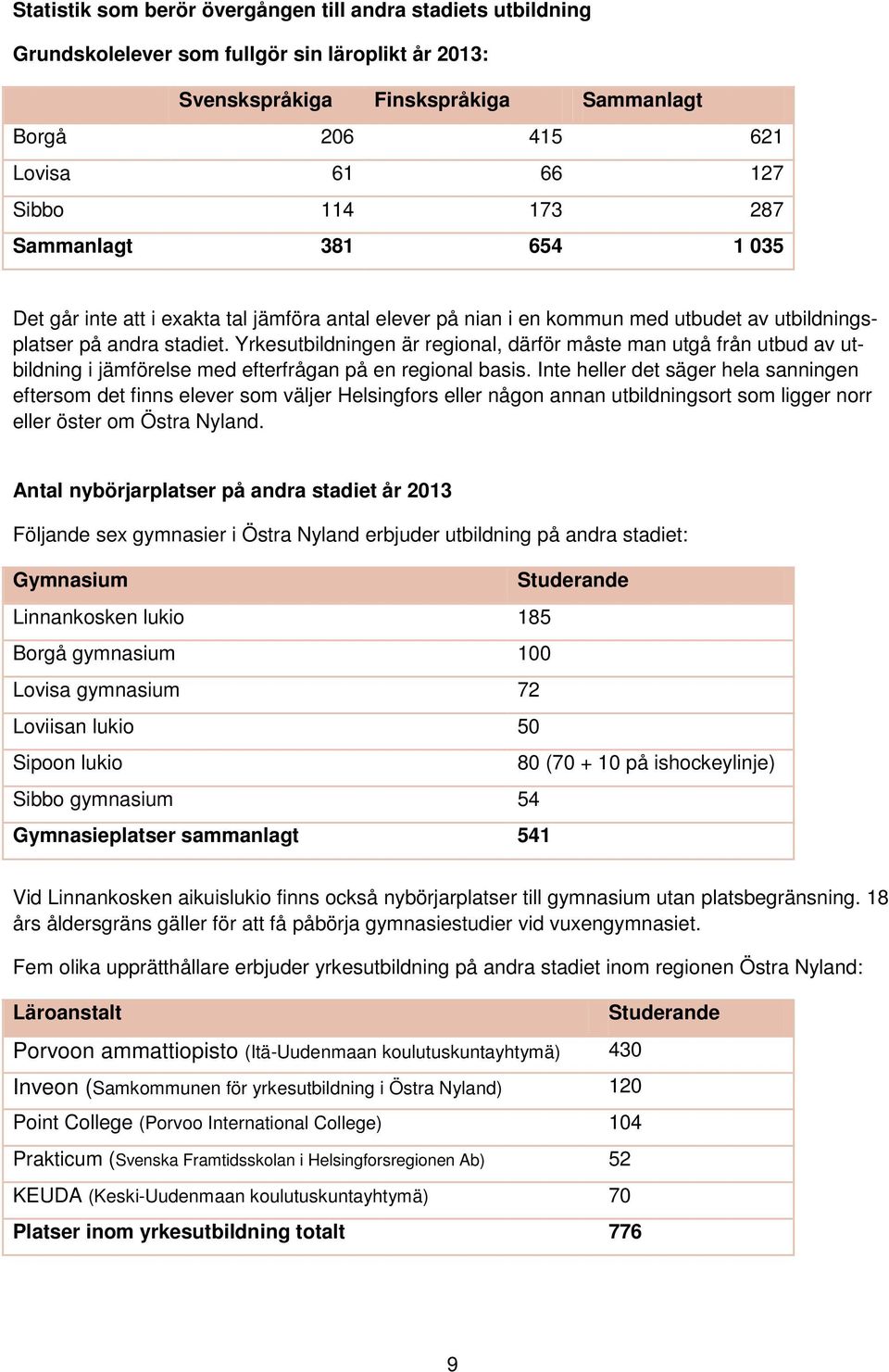 Yrkesutbildningen är regional, därför måste man utgå från utbud av utbildning i jämförelse med efterfrågan på en regional basis.