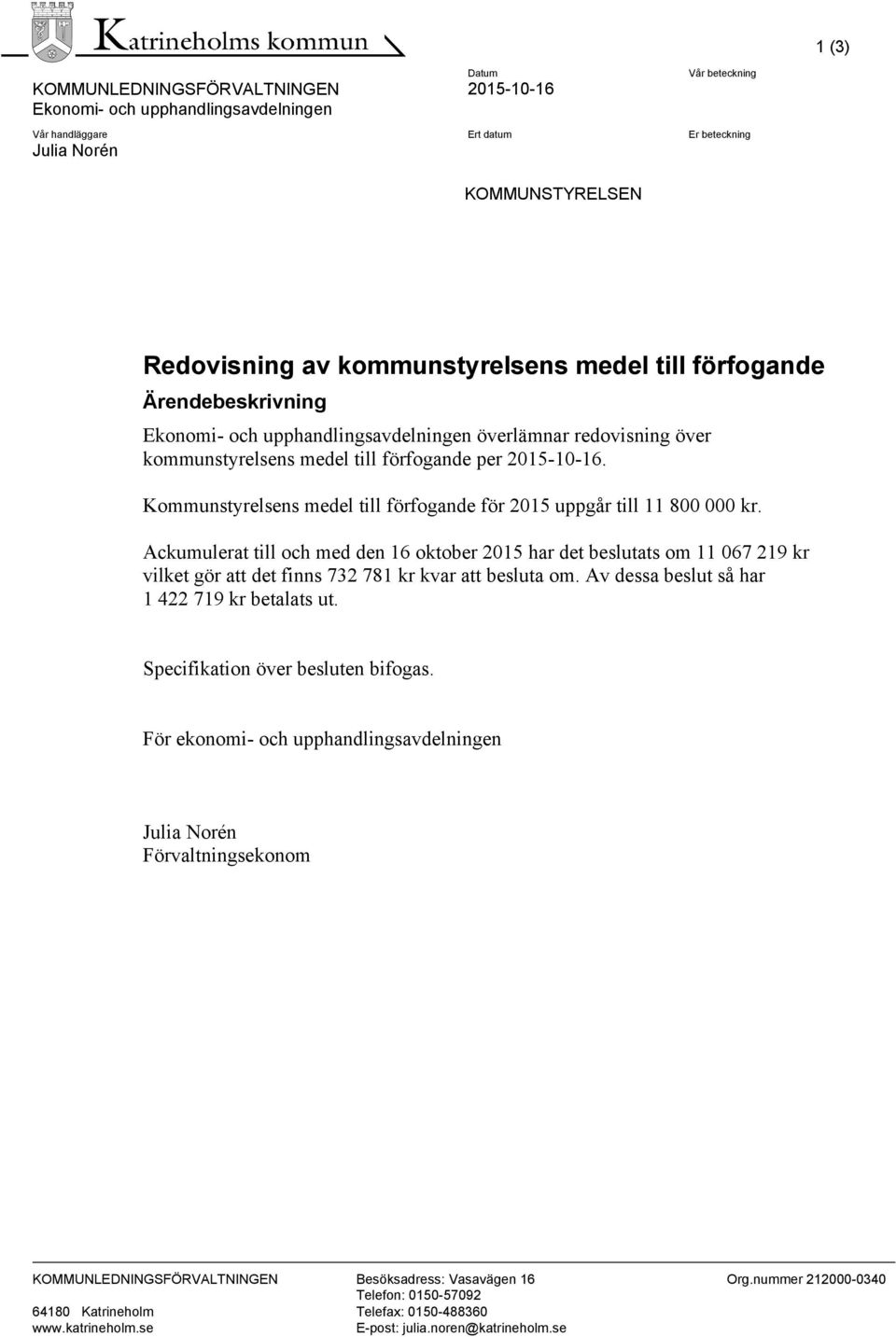 Kommunstyrelsens medel till förfogande för 2015 uppgår till 11 800 000 kr.