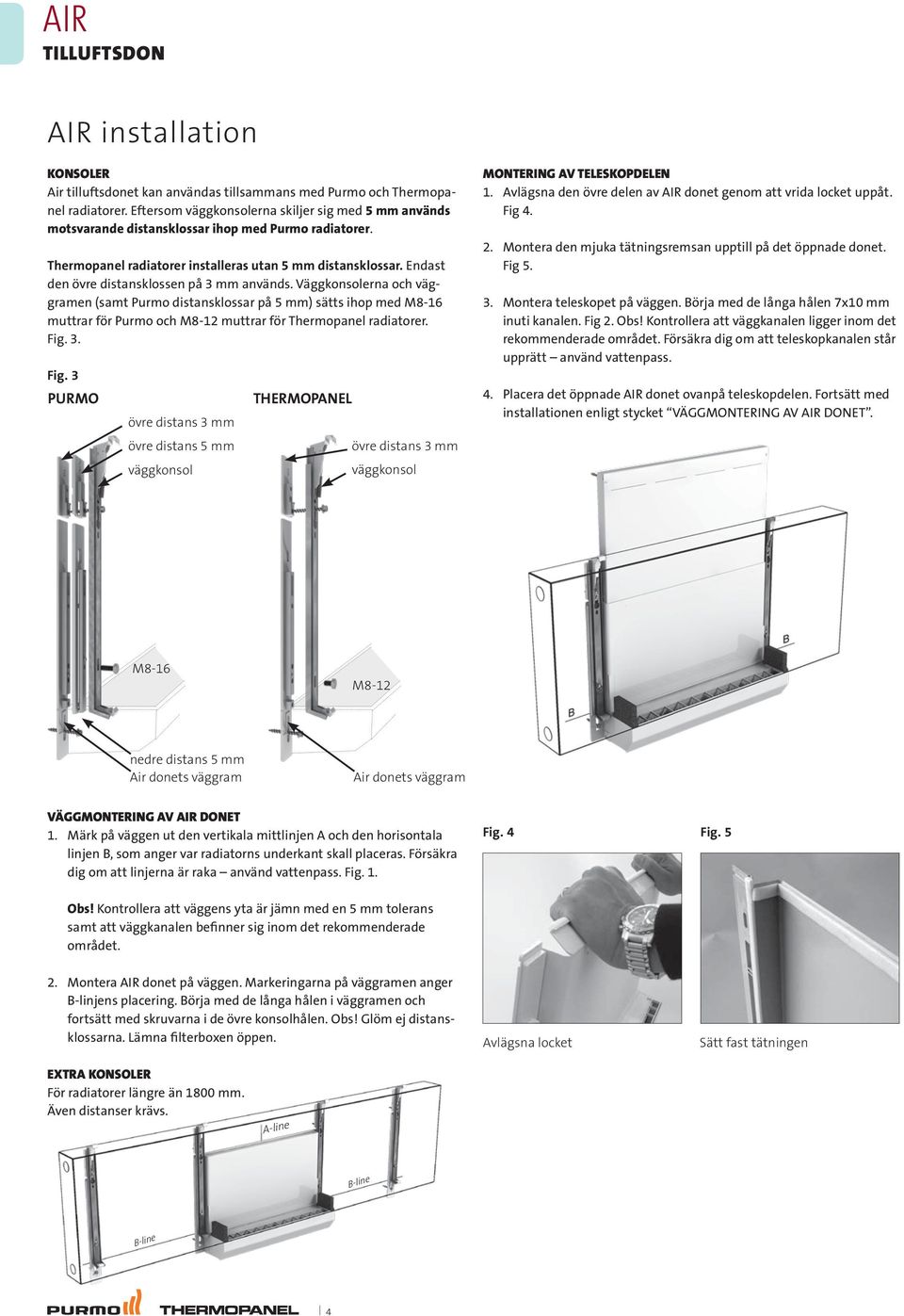 Endast den övre distansklossen på 3 mm används. Väggkonsolerna och väggramen (samt Purmo distansklossar på mm) sätts ihop med M8-16 muttrar för Purmo och M8-12 muttrar för Thermopanel radiatorer. Fig.