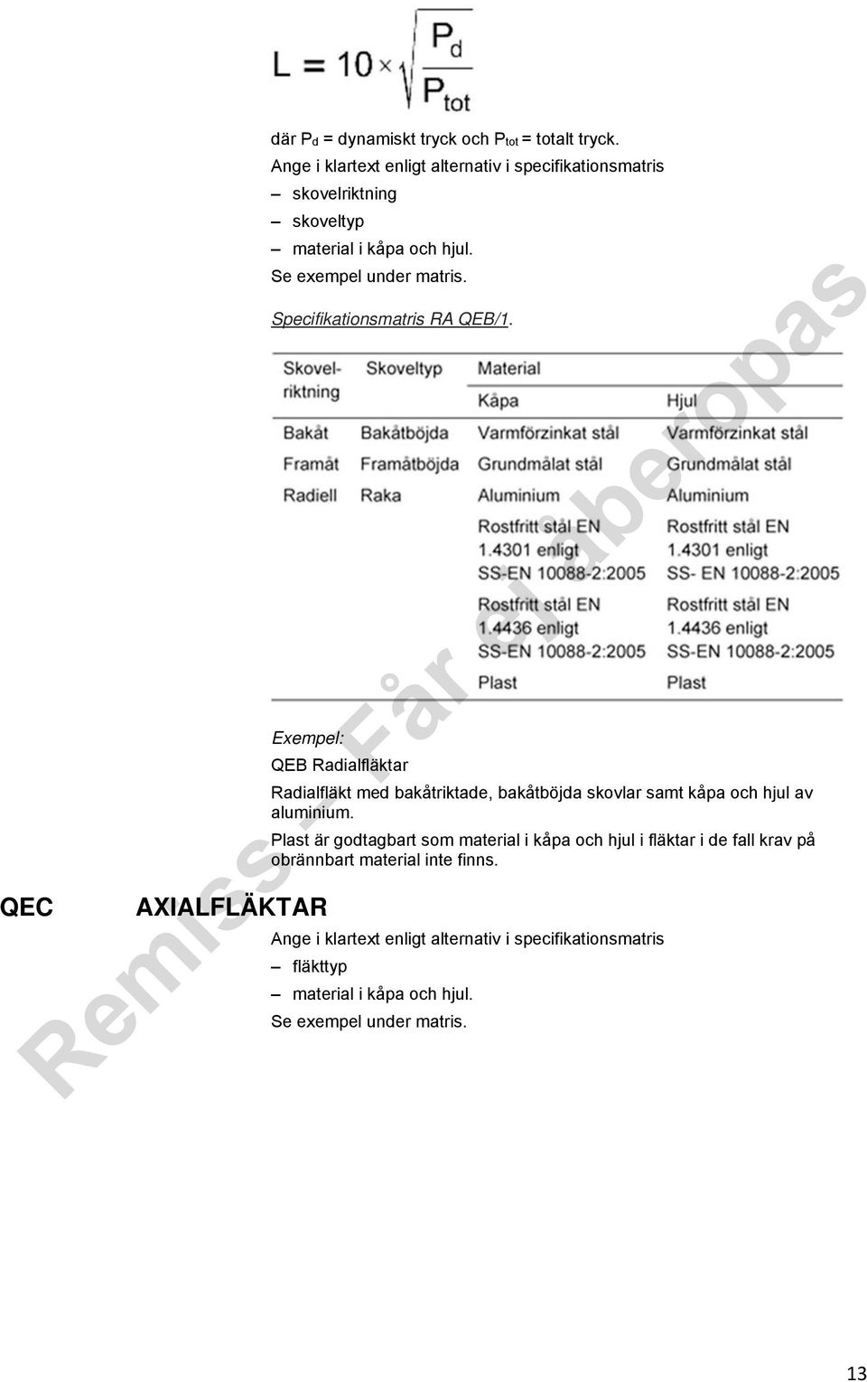 Specifikationsmatris RA QEB/1.