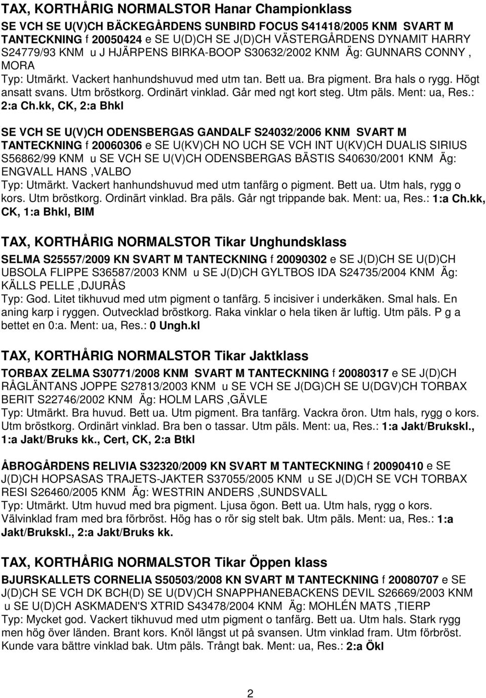 Ordinärt vinklad. Går med ngt kort steg. Utm päls. Ment: ua, Res.: 2:a Ch.