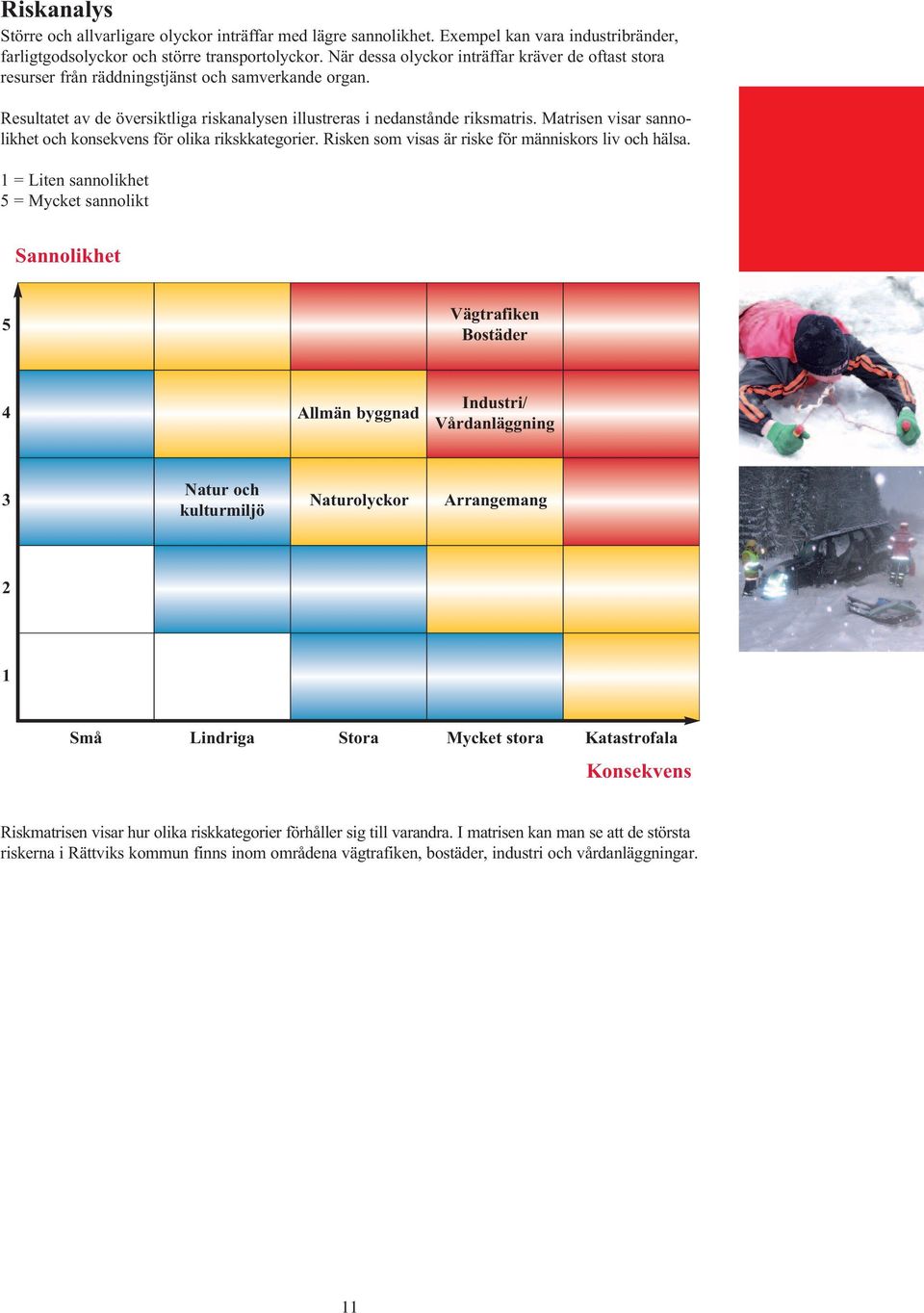 Matrisen visar sannolikhet och konsekvens för olika rikskkategorier. Risken som visas är riske för människors liv och hälsa.