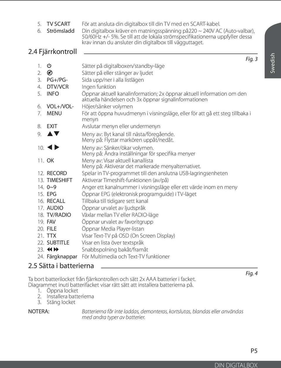 ! Sätter på eller stänger av ljudet 3. PG+/PG- Sida upp/ner i alla listlägen 4. DTV/VCR Ingen funktion 5.