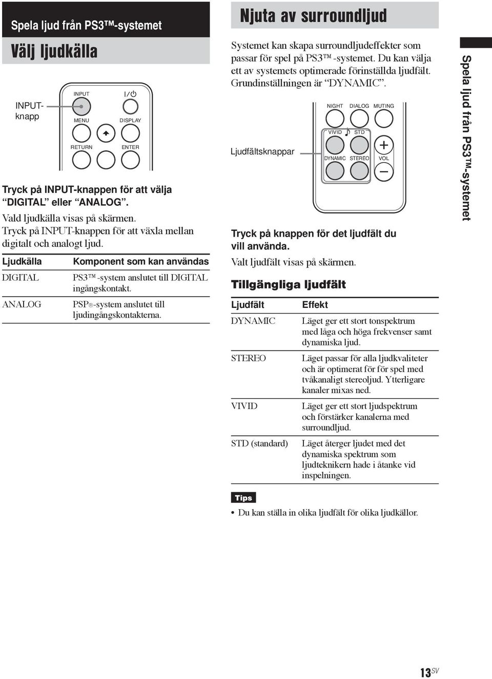 PSP -system anslutet till ljudingångskontakterna. Njuta av surroundljud Systemet kan skapa surroundljudeffekter som passar för spel på PS3 -systemet.