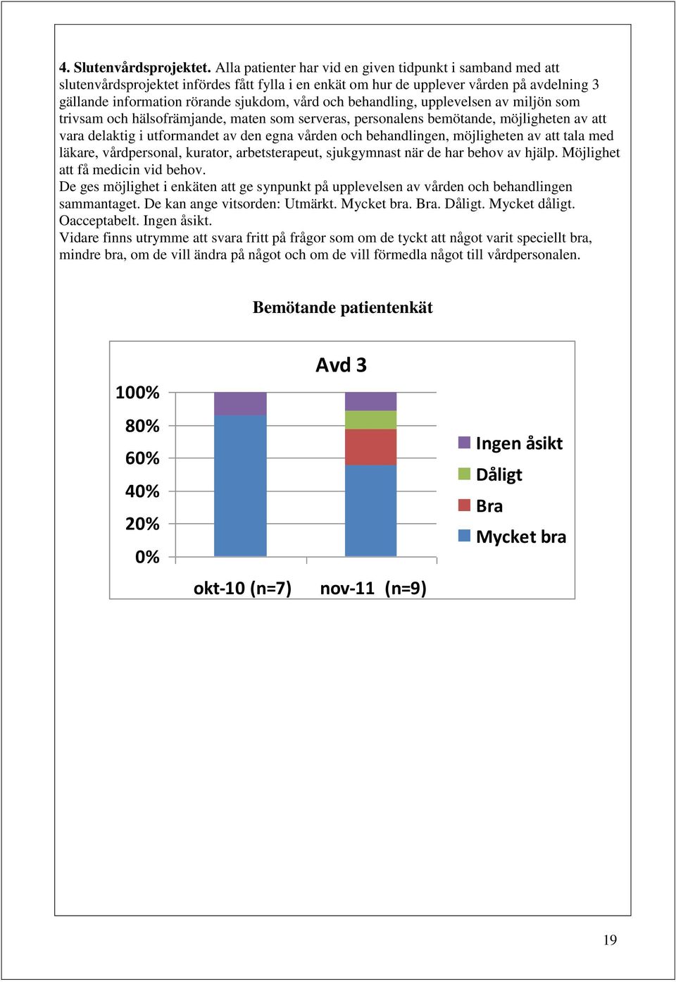 behandling, upplevelsen av miljön som trivsam och hälsofrämjande, maten som serveras, personalens bemötande, möjligheten av att vara delaktig i utformandet av den egna vården och behandlingen,