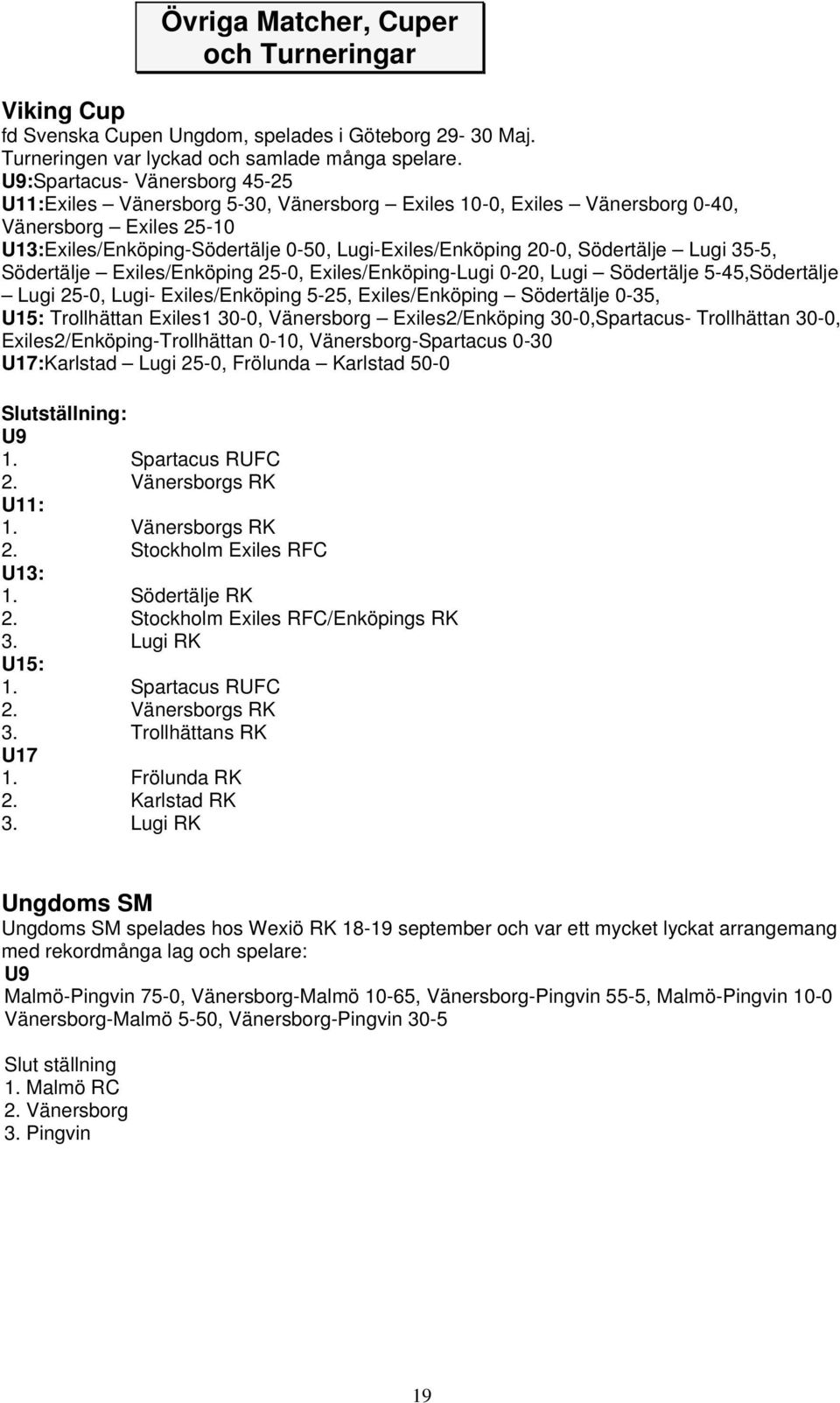 Södertälje Lugi 35-5, Södertälje Exiles/Enköping 25-0, Exiles/Enköping-Lugi 0-20, Lugi Södertälje 5-45,Södertälje Lugi 25-0, Lugi- Exiles/Enköping 5-25, Exiles/Enköping Södertälje 0-35, U15: