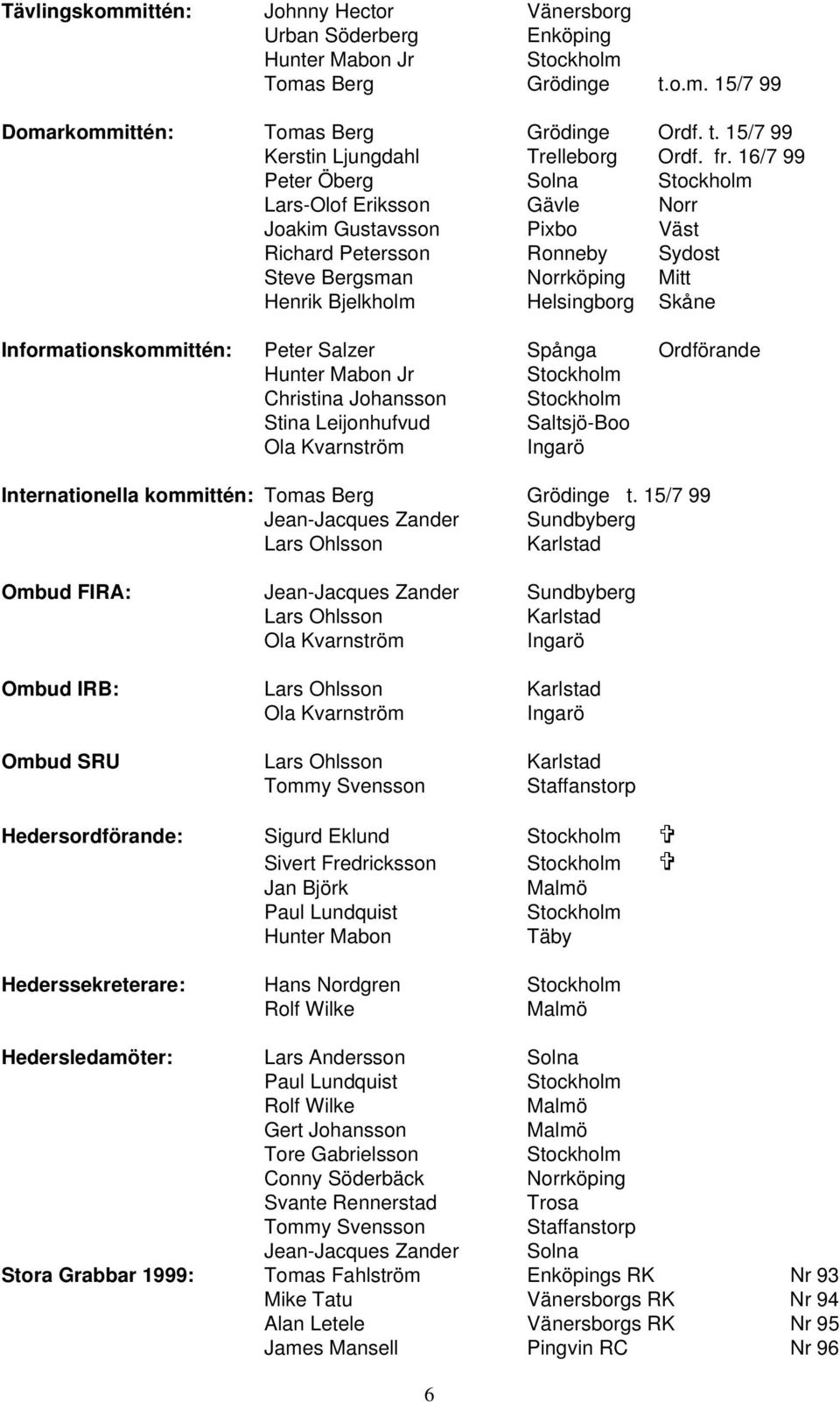 Informationskommittén: Peter Salzer Spånga Ordförande Hunter Mabon Jr Stockholm Christina Johansson Stockholm Stina Leijonhufvud Saltsjö-Boo Ola Kvarnström Ingarö Internationella kommittén: Tomas