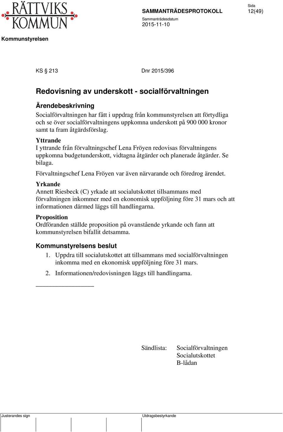 Yttrande I yttrande från förvaltningschef Lena Fröyen redovisas förvaltningens uppkomna budgetunderskott, vidtagna åtgärder och planerade åtgärder. Se bilaga.