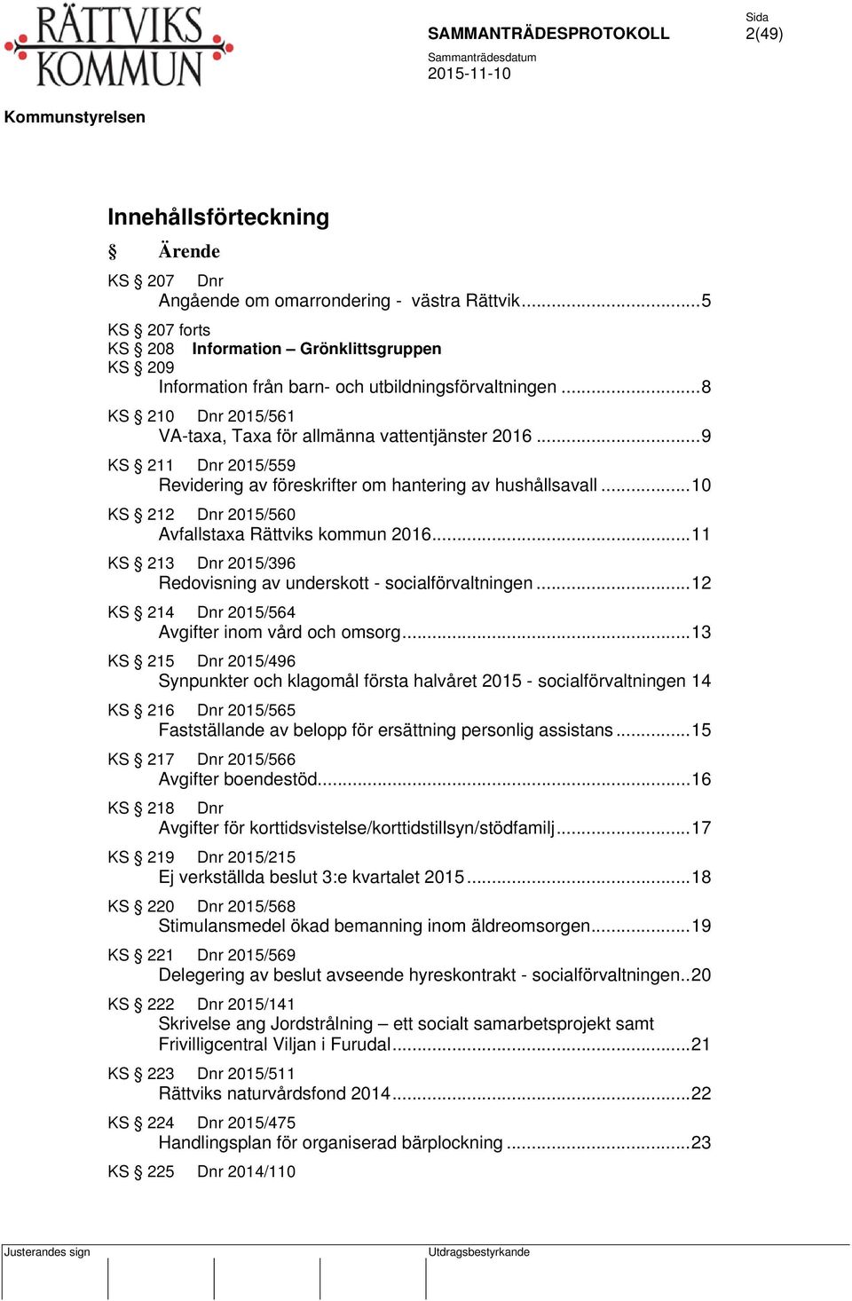 .. 10 KS 212 Dnr 2015/560 Avfallstaxa Rättviks kommun 2016... 11 KS 213 Dnr 2015/396 Redovisning av underskott - socialförvaltningen... 12 KS 214 Dnr 2015/564 Avgifter inom vård och omsorg.