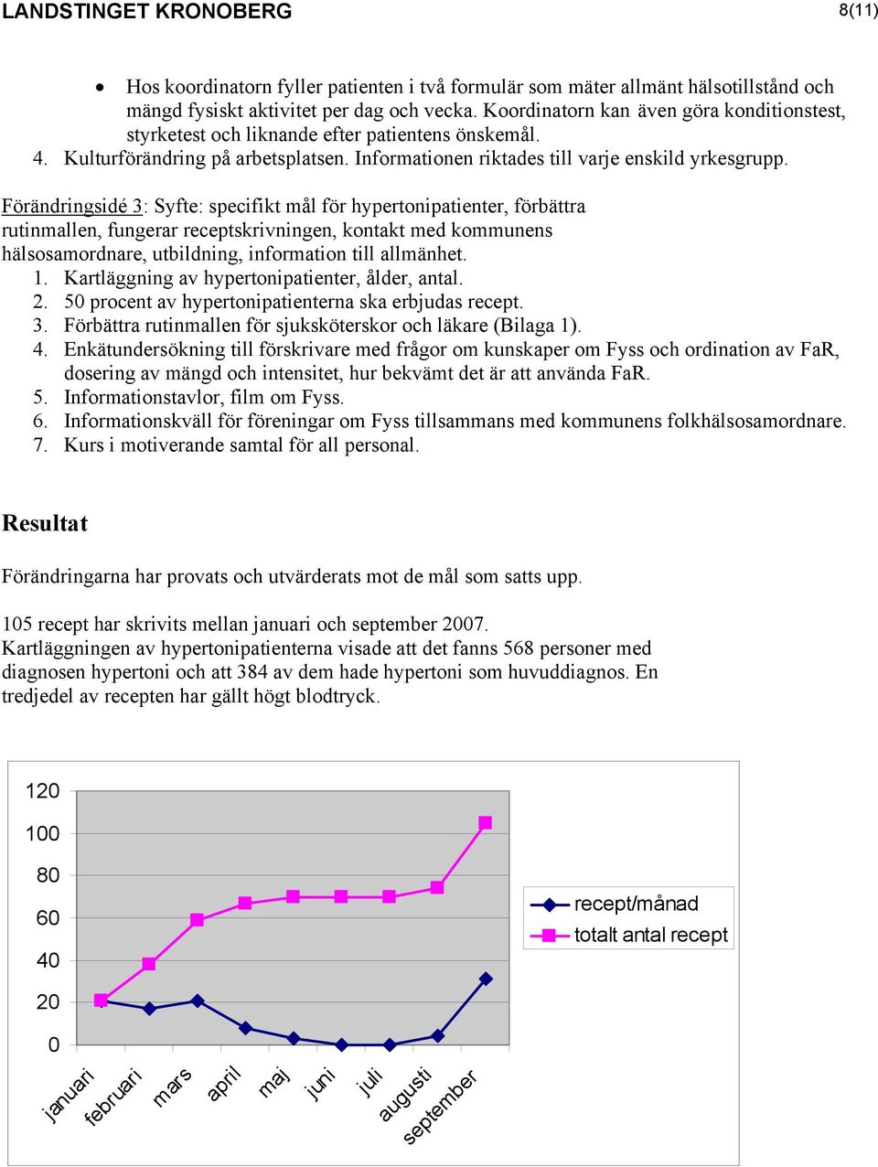 Förändringsidé 3: Syfte: specifikt mål för hypertonipatienter, förbättra rutinmallen, fungerar receptskrivningen, kontakt med kommunens hälsosamordnare, utbildning, information till allmänhet. 1.