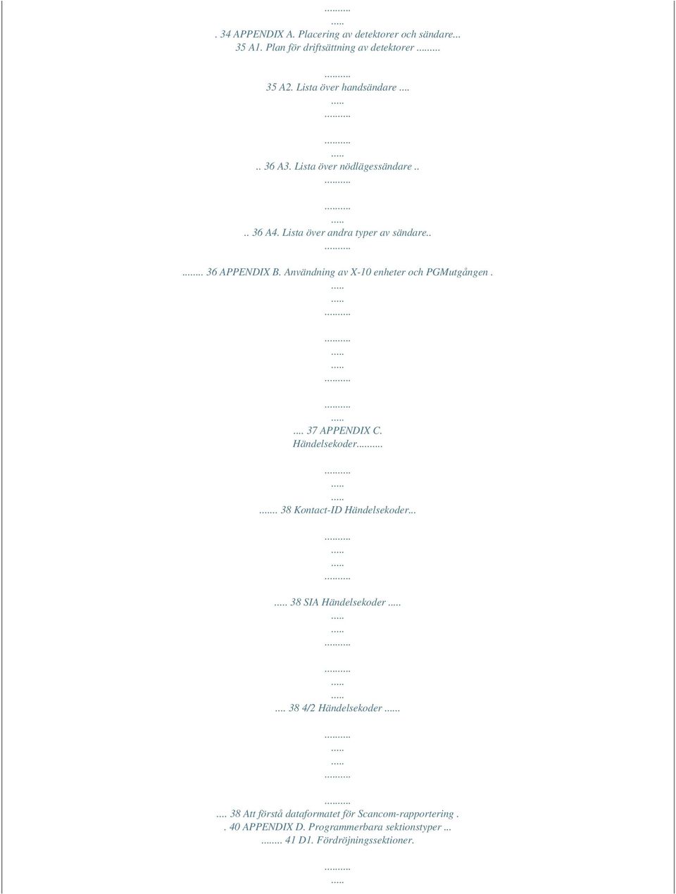 Användning av X-10 enheter och PGMutgången.... 37 APPENDIX C. Händelsekoder.. 38 Kontact-ID Händelsekoder... 38 SIA Händelsekoder.