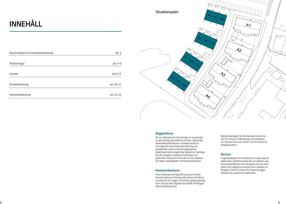 Fasaden består av röd träpanel med varierande sättning och panelbredd, varvat med stora glaspartier. Sadeltaken kläs av tegelröda takpannor.