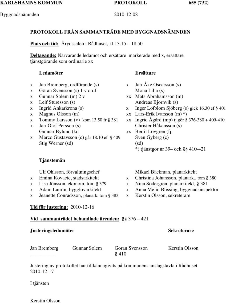 (s) 1 v ordf Mona Lilja (s) x Gunnar Solem (m) 2 v xx Mats Abrahamsson (m) x Leif Sturesson (s) Andreas Björnvik (s) x Ingrid Ankarkrona (s) x Inger Löfblom Sjöberg (s) gick 16.