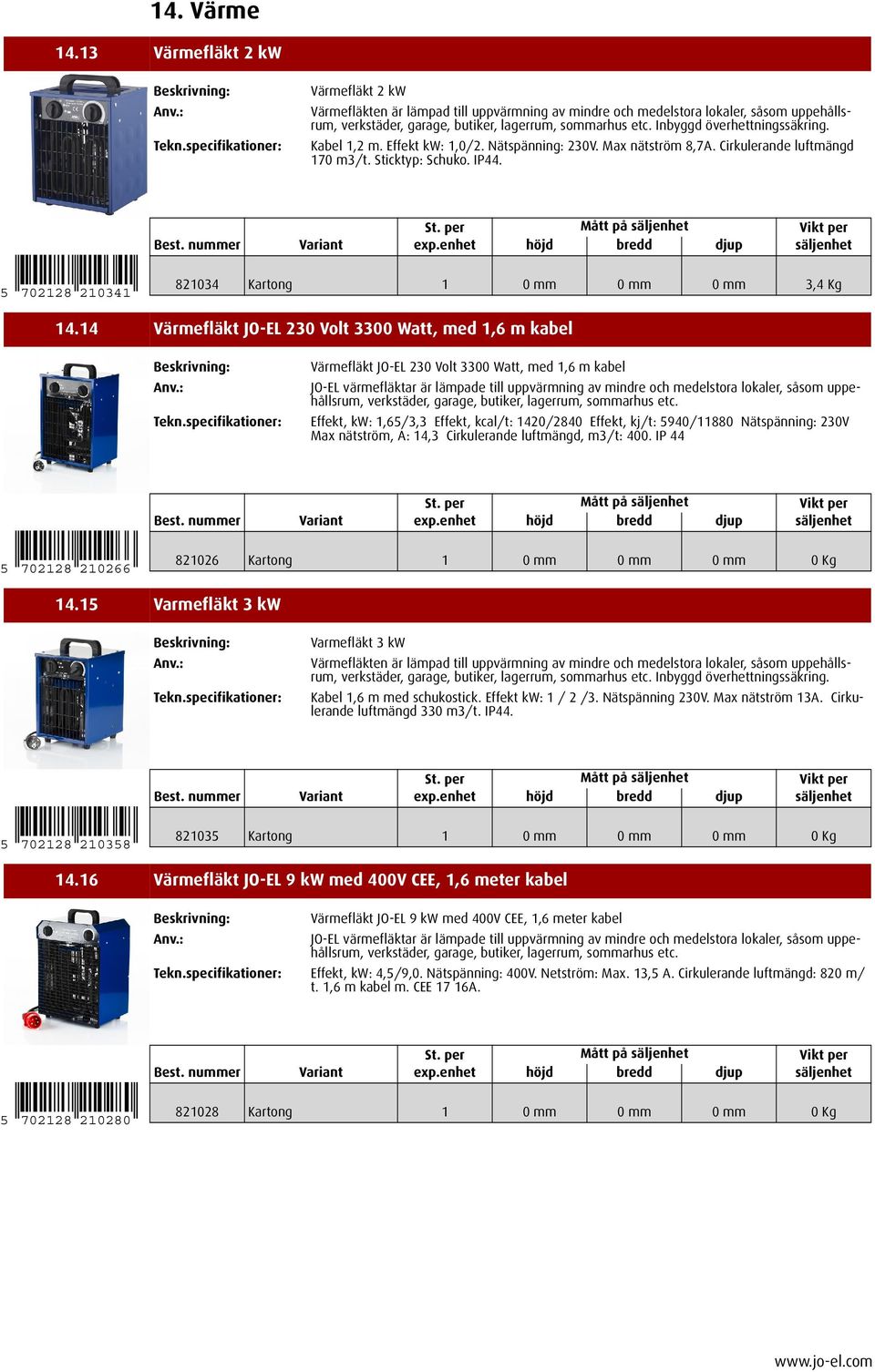 14 Värmefläkt JO-EL 230 Volt 3300 Watt, med 1,6 m kabel Värmefläkt JO-EL 230 Volt 3300 Watt, med 1,6 m kabel verkstäder, garage, butiker, lagerrum, sommarhus etc.