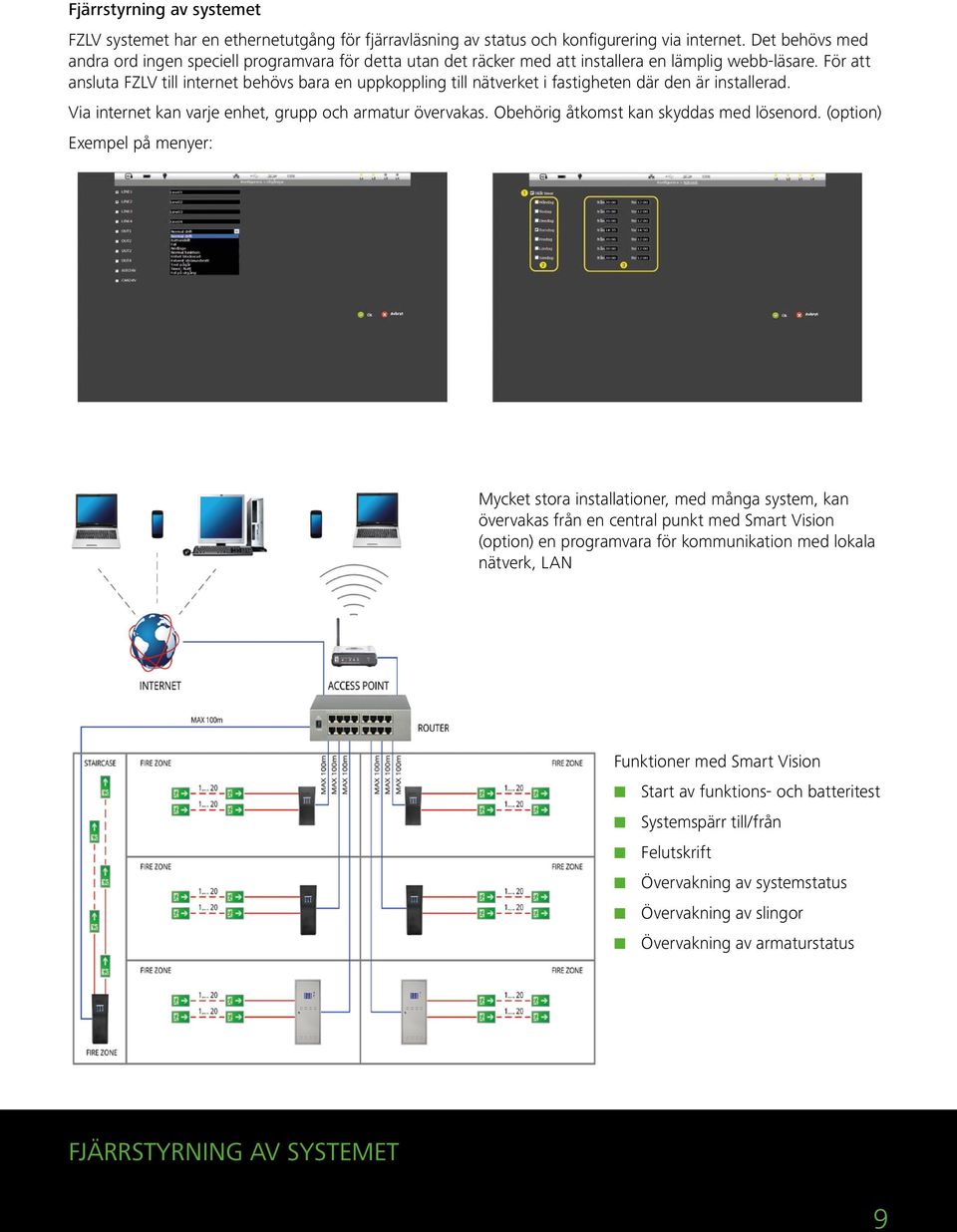 För att ansluta FZLV till internet behövs bara en uppkoppling till nätverket i fastigheten där den är installerad. Via internet kan varje enhet, grupp och armatur övervakas.