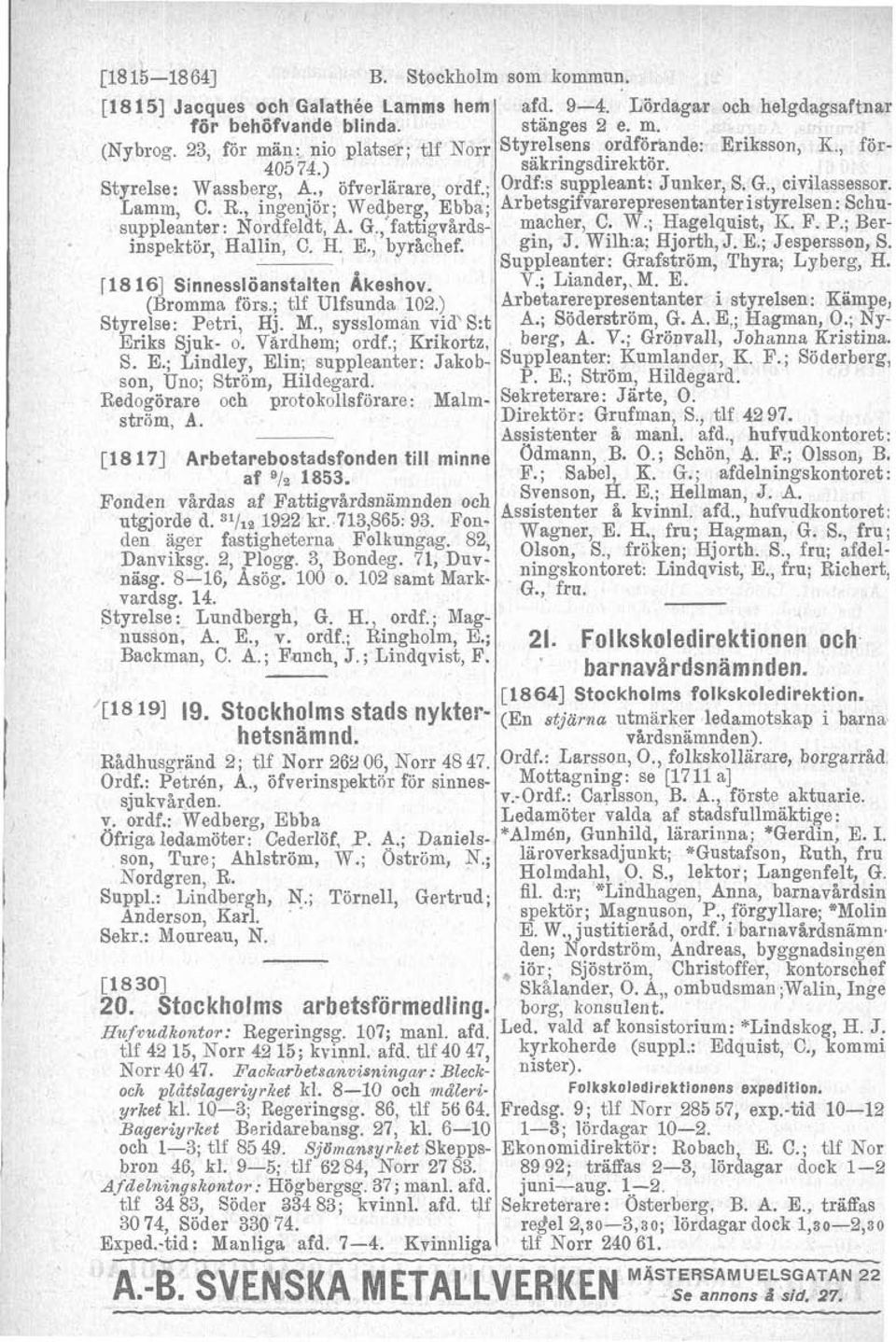 , fattigvårdsinspektör, Hallin, C. H. E., byråchef. [l8161 Sinnesslöanstalten Akeshov. (Bromma förs,; tlf Ulfsunda 102.) Styrelse: Petri, Hj. M., syssloman vid' S:t Erik5 Sjuk- 0.