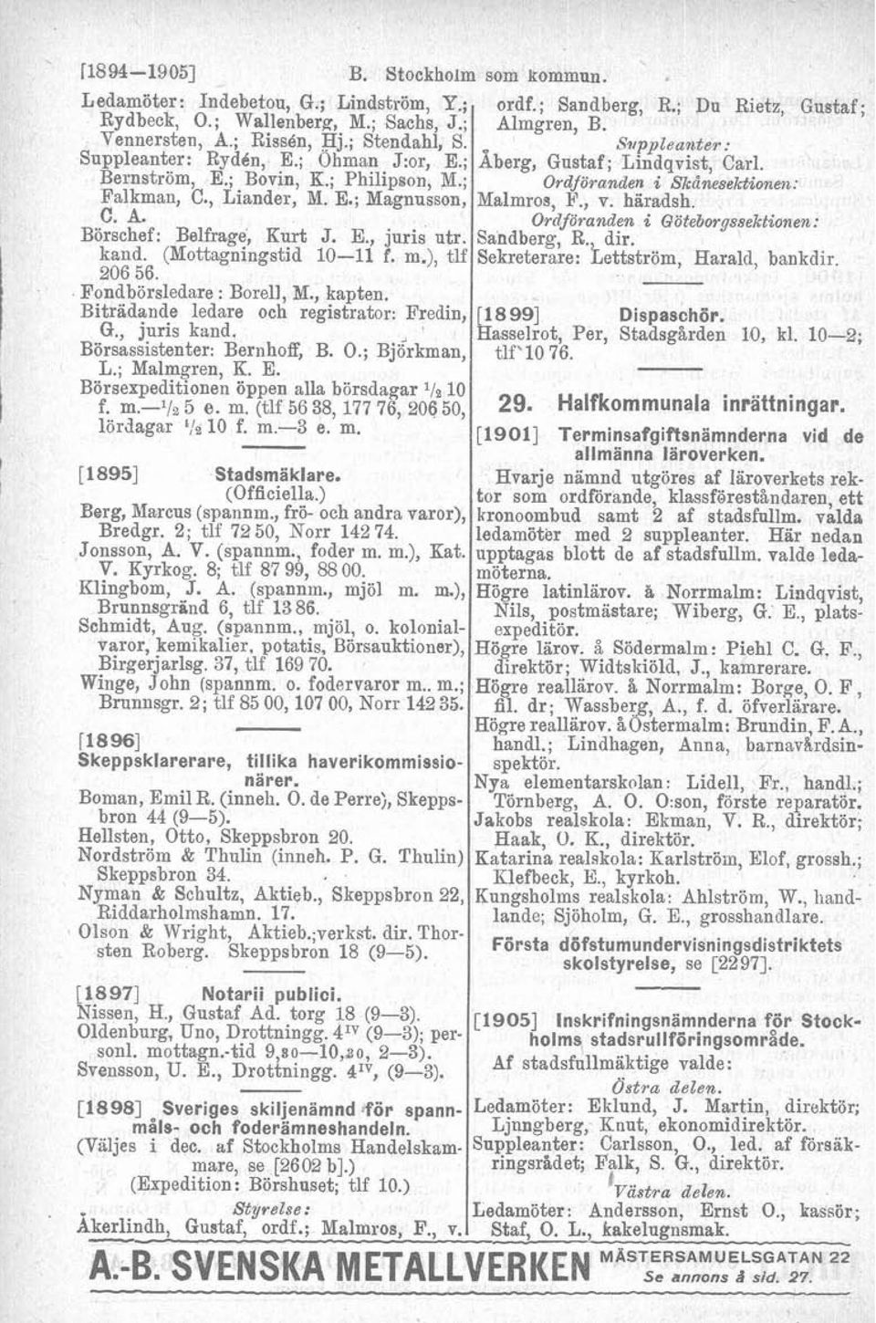 Fondbörsledare : Borell, M., kapten. Biträdande ledare och registrator: Fredin, G., juris kand. Börsassistenter: Bernhoff, B. O.; ~jirkman, L.; Malmgren, K. E.