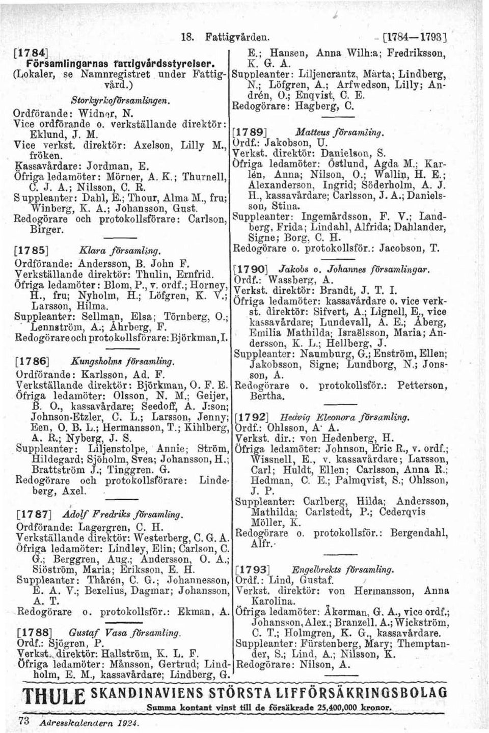 Redogörare och protokollsförare : Carlson, Birger. (17 851 Klara församling. Ordförande: Andersson, B. John F. Verkstallande direktör: Thulin, Ernfrid. Ofriga ledamöter: Blom, P., v. ordf.; Horney, H.