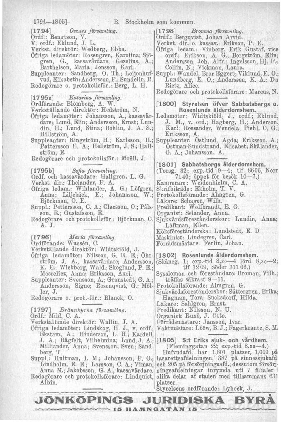 [l795a] KatarRa församl~ng. Ordförande: Blomberg, A. W. Verkställande direktor: Hedström, N. Ofriga ledamöter: Johansson, A., kassavårdare; Lund, Elin; Andersson Ernst; Lun- din, H.